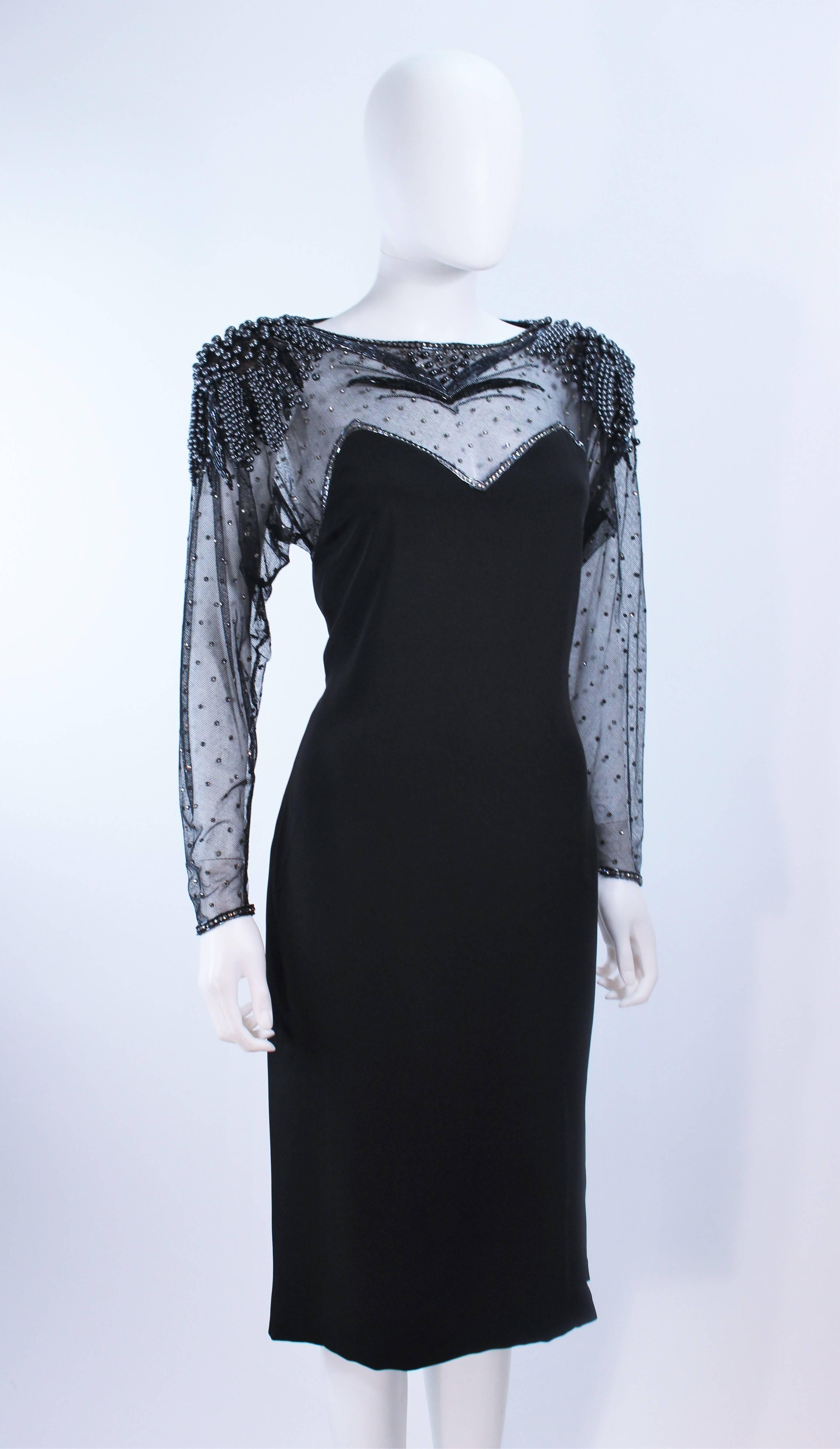 FRANK COMPOSTO Black Cocktail Dress with Sheer Beaded Sleeves Size 8 In Excellent Condition For Sale In Los Angeles, CA