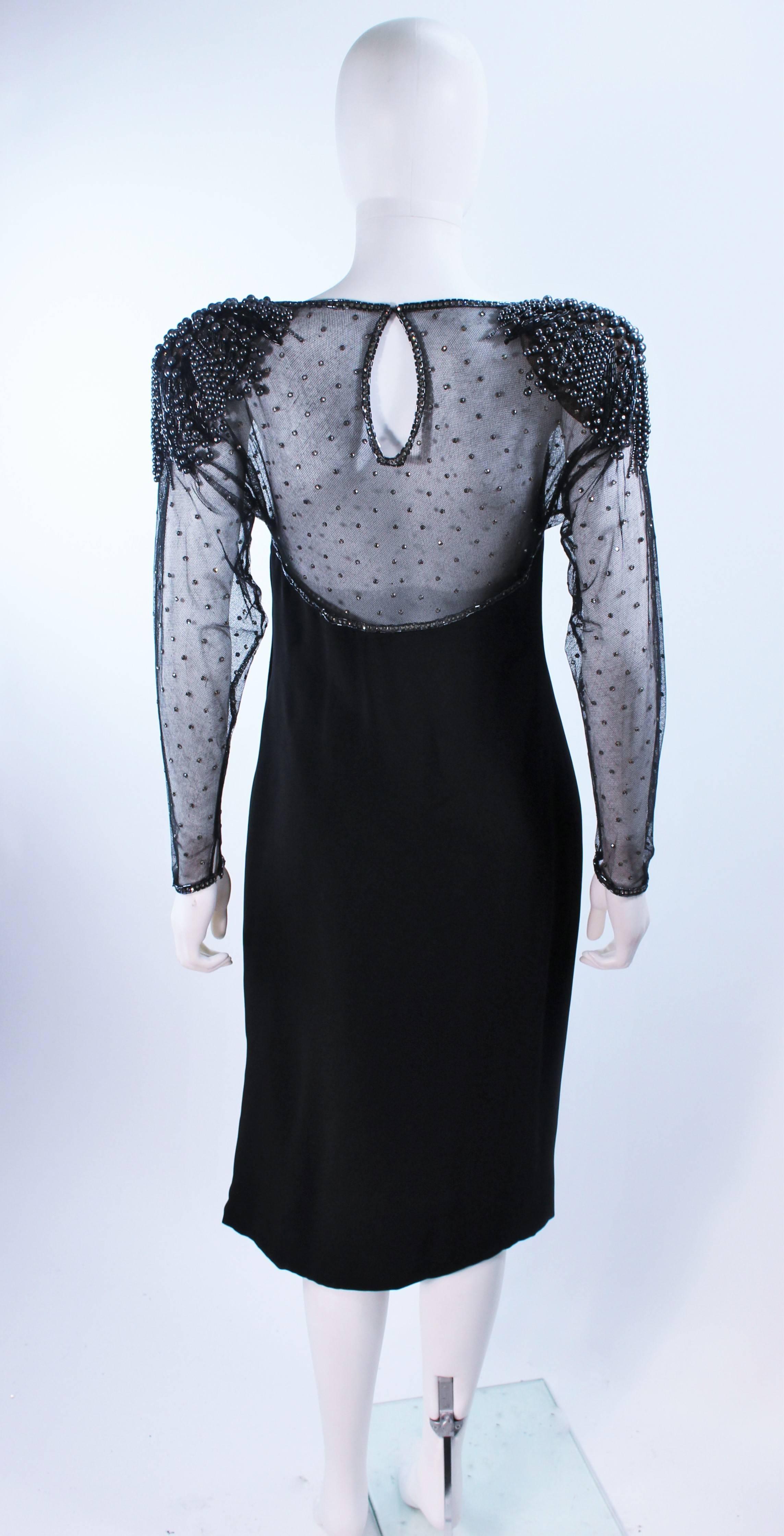 FRANK COMPOSTO Black Cocktail Dress with Sheer Beaded Sleeves Size 8 For Sale 2
