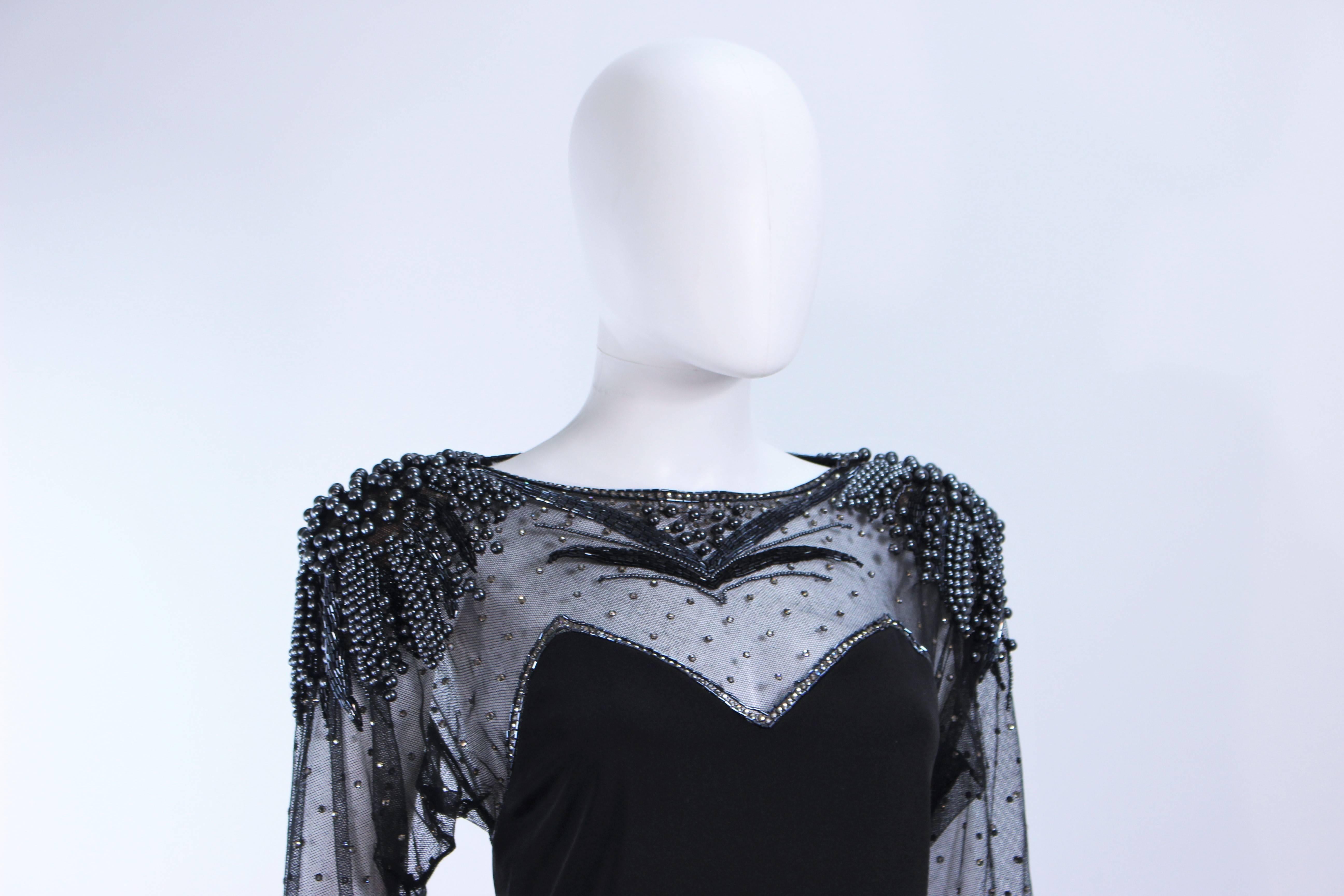 Women's FRANK COMPOSTO Black Cocktail Dress with Sheer Beaded Sleeves Size 8 For Sale