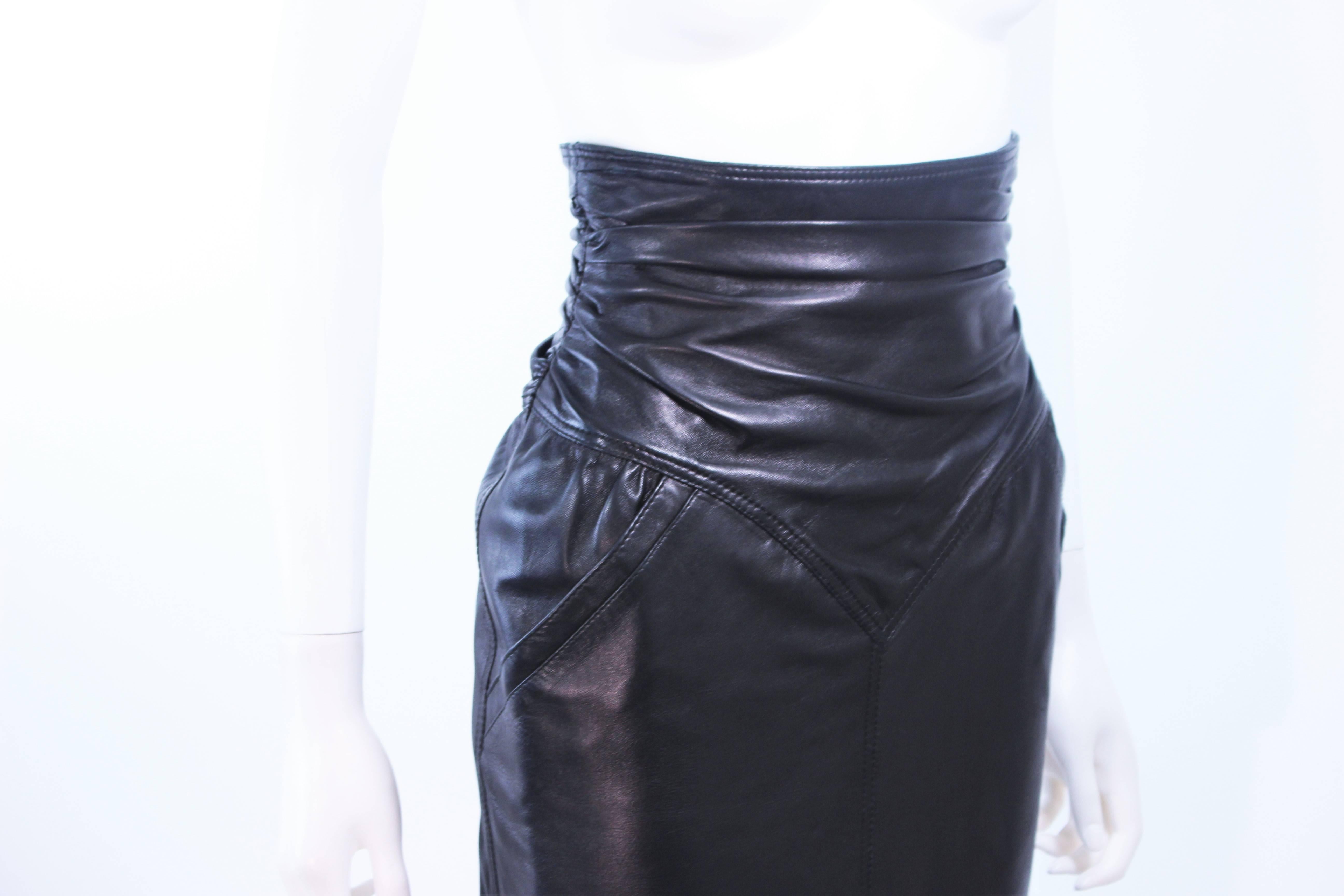 UNGARO Black Leather Gathered High Waist Skirt Size 2 4 3
