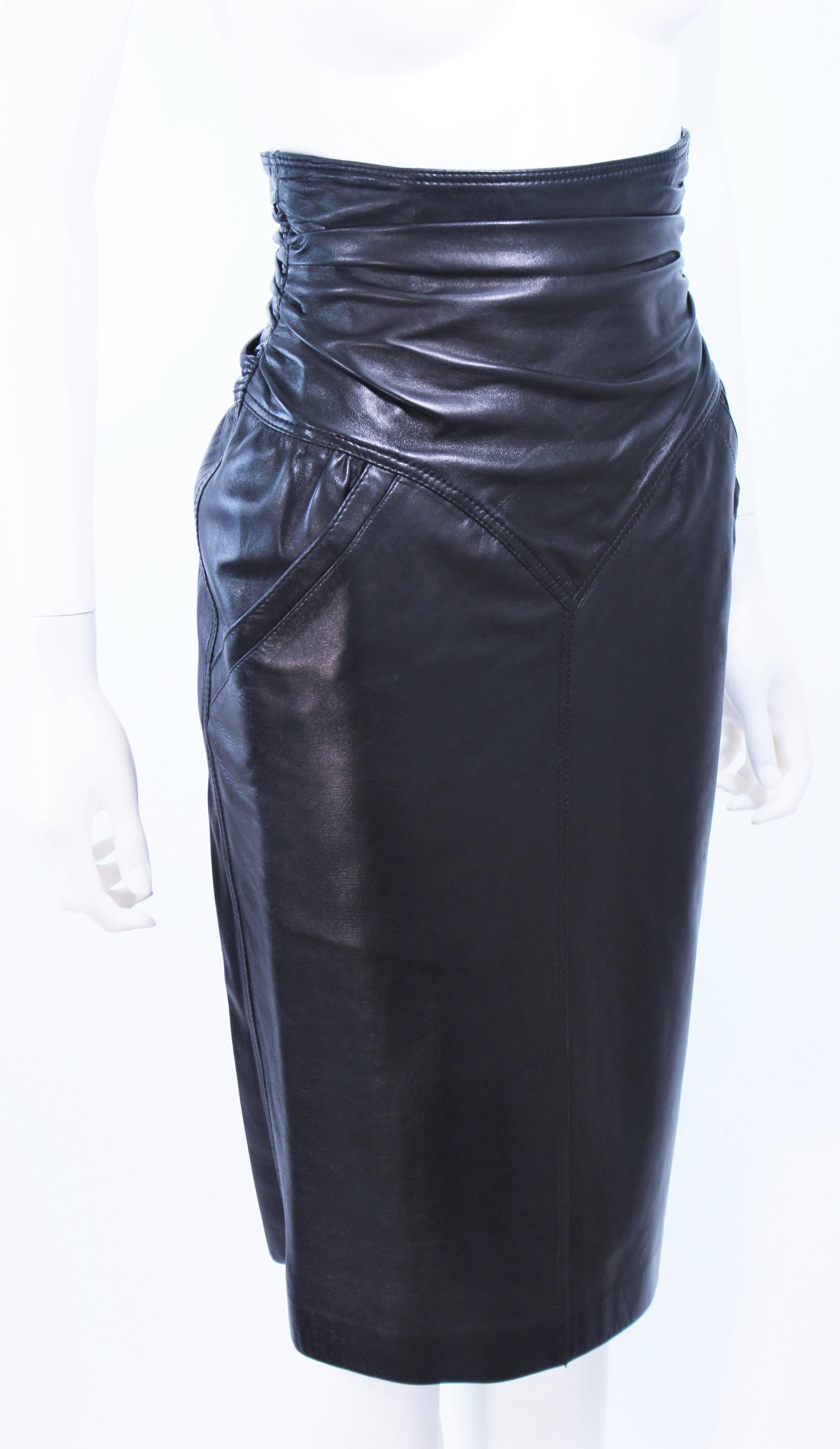 UNGARO Black Leather Gathered High Waist Skirt Size 2 4 2