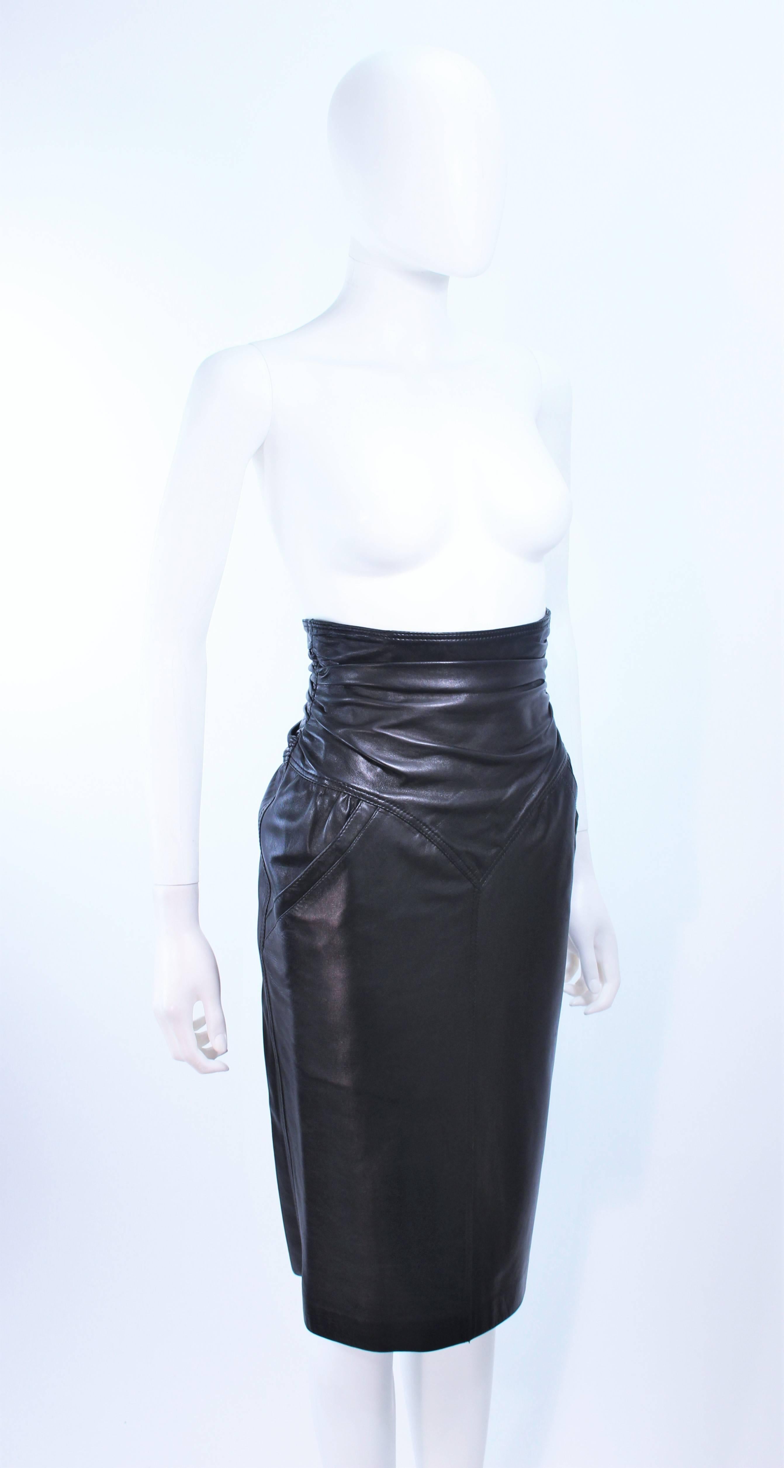 UNGARO Black Leather Gathered High Waist Skirt Size 2 4 1