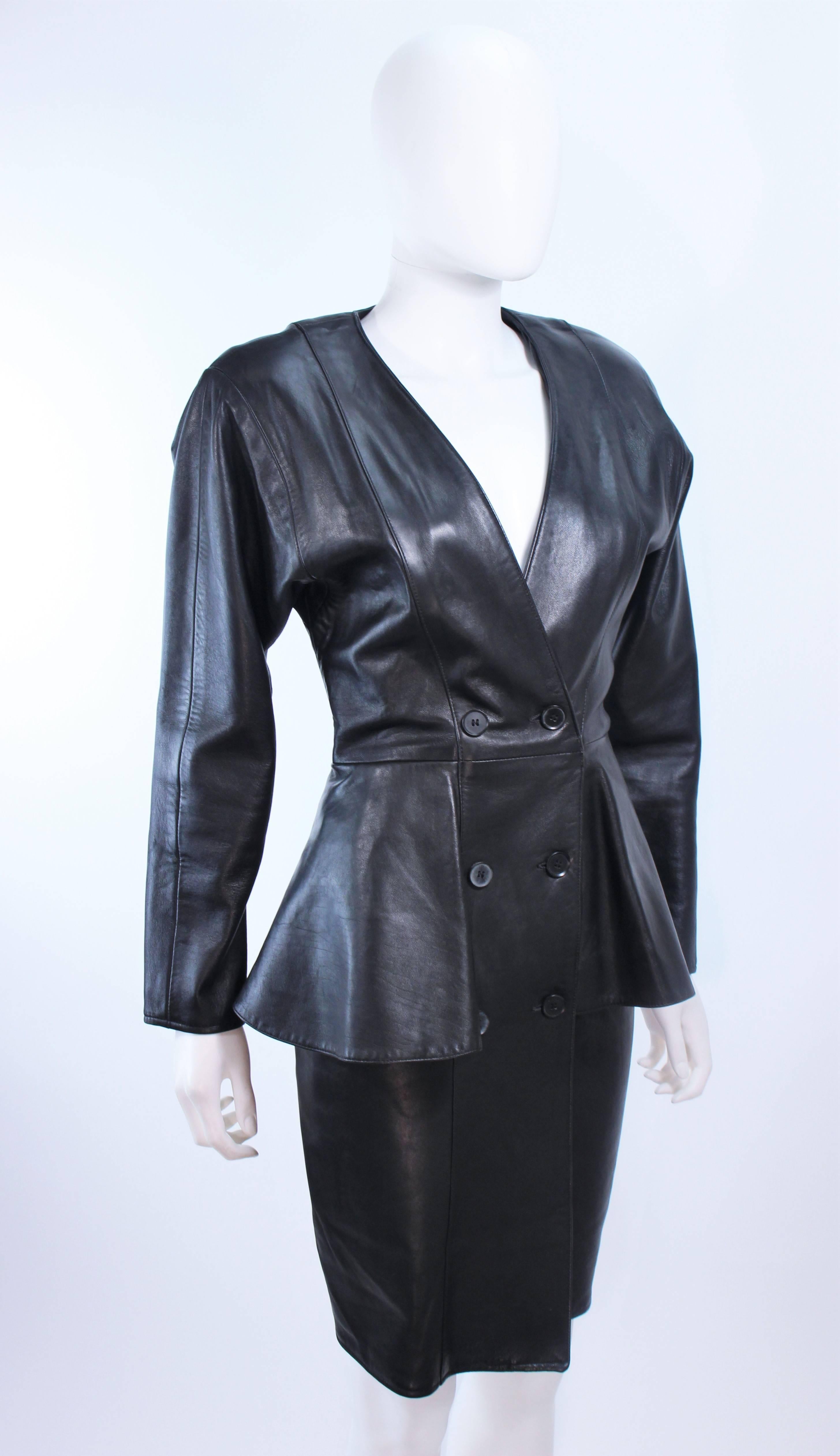VAKKO Black Leather Dress with Peplum Size 8 In Excellent Condition In Los Angeles, CA