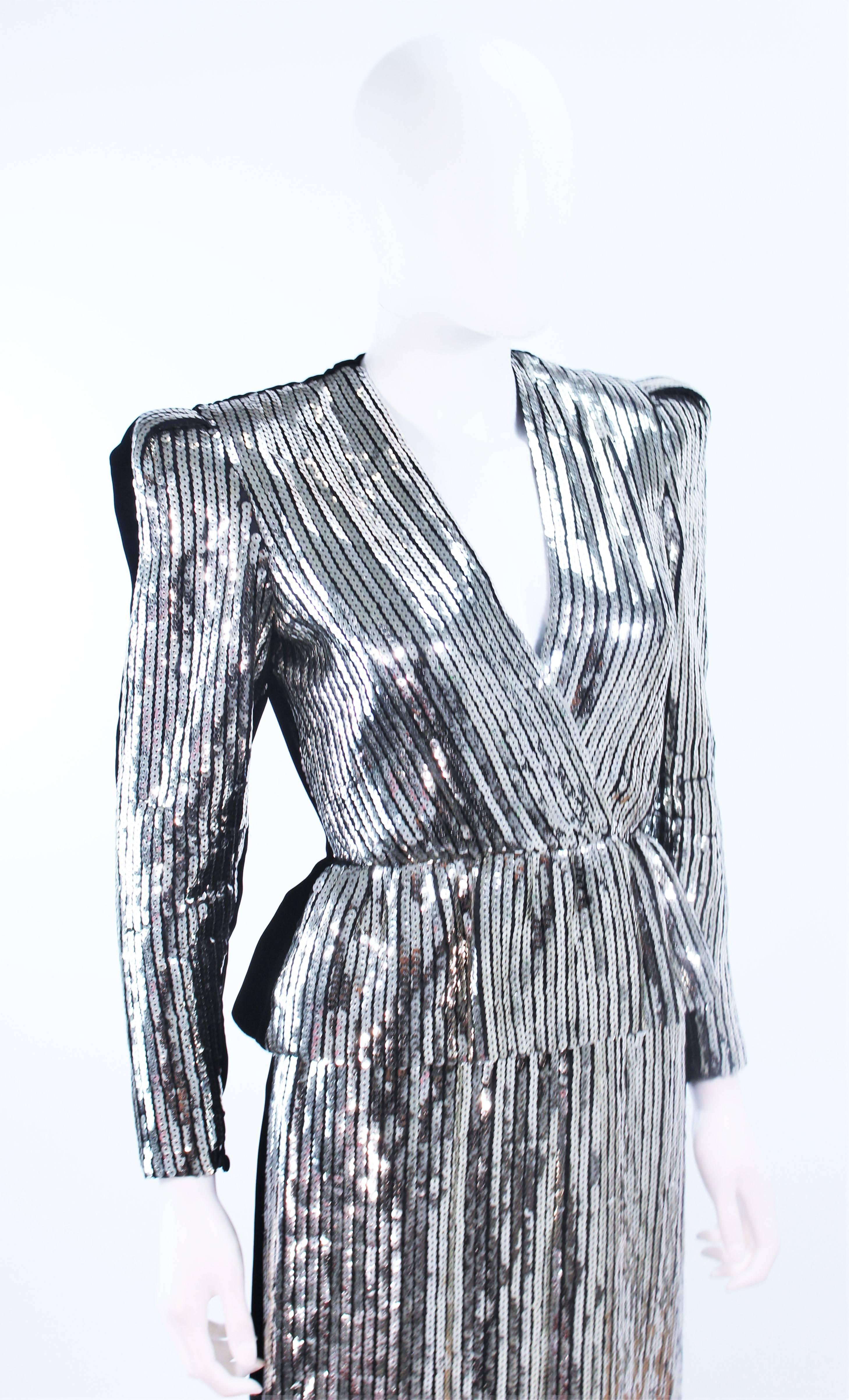 ESTEVEZ Silver Sequin and Velvet Gown Peplum Size 2 In Excellent Condition For Sale In Los Angeles, CA