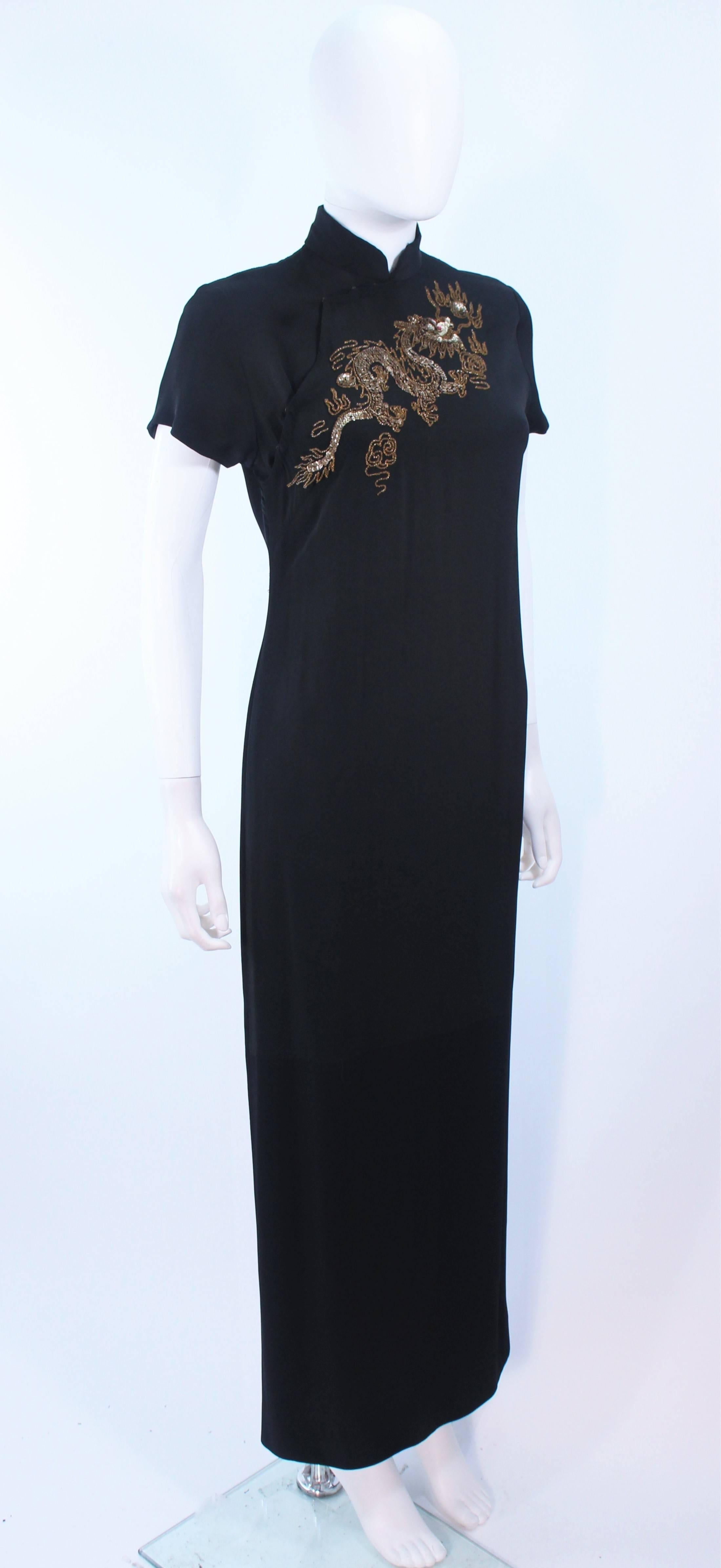 Black VINTAGE Silk Asian Cocktail Dress with Dragon Beaded Embellishment Size 4 6