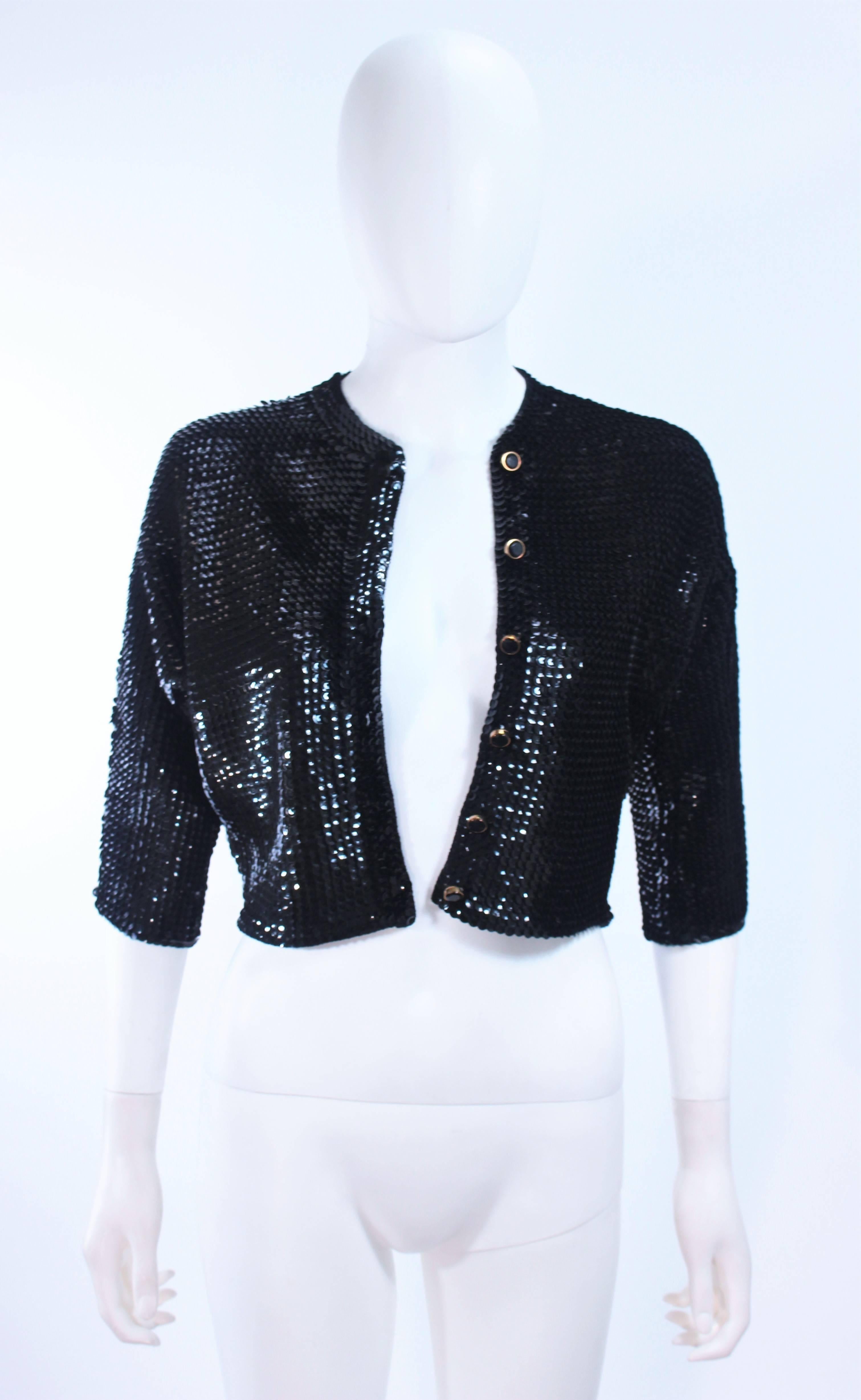 1960's Black Sequin Wool Cardigan with Black Faceted Buttons Size 4 For Sale 1