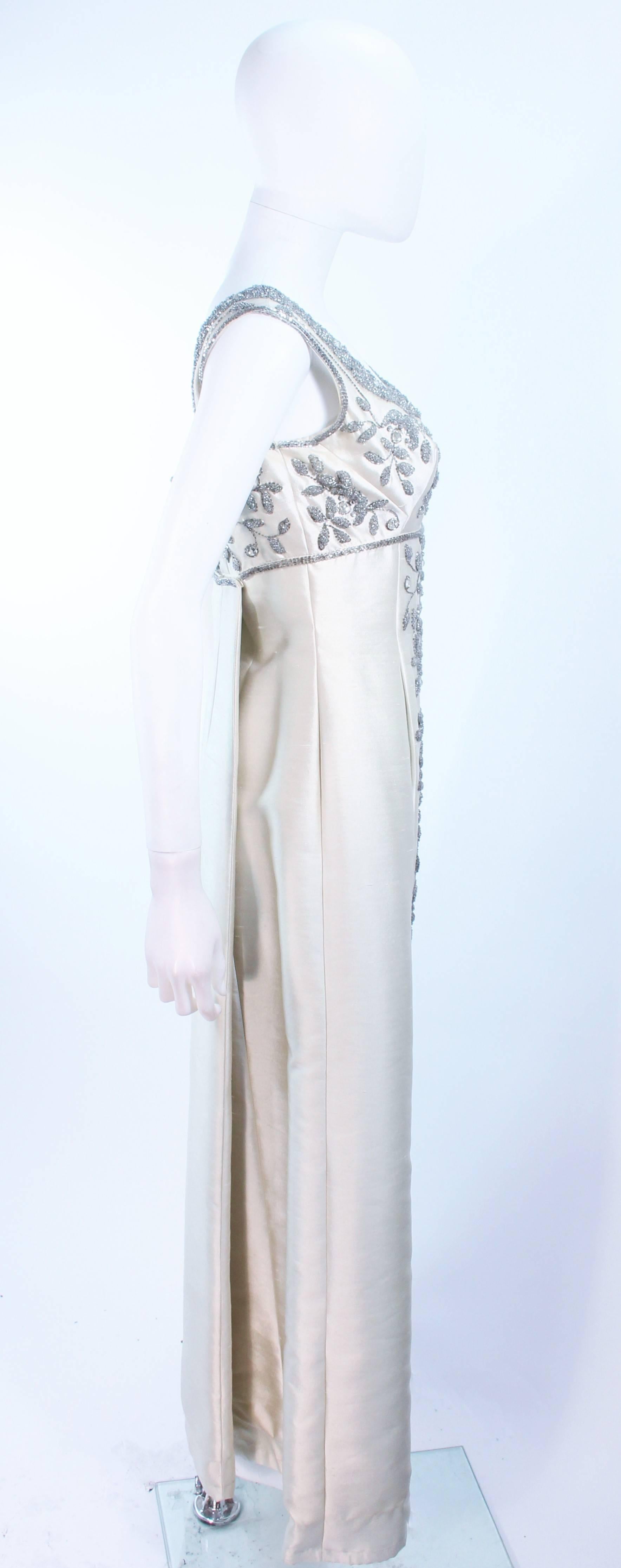 LILLIE RUBIN 1960's Off White Raw Silk Gown with Rhinestone Embellishment Size 4 1