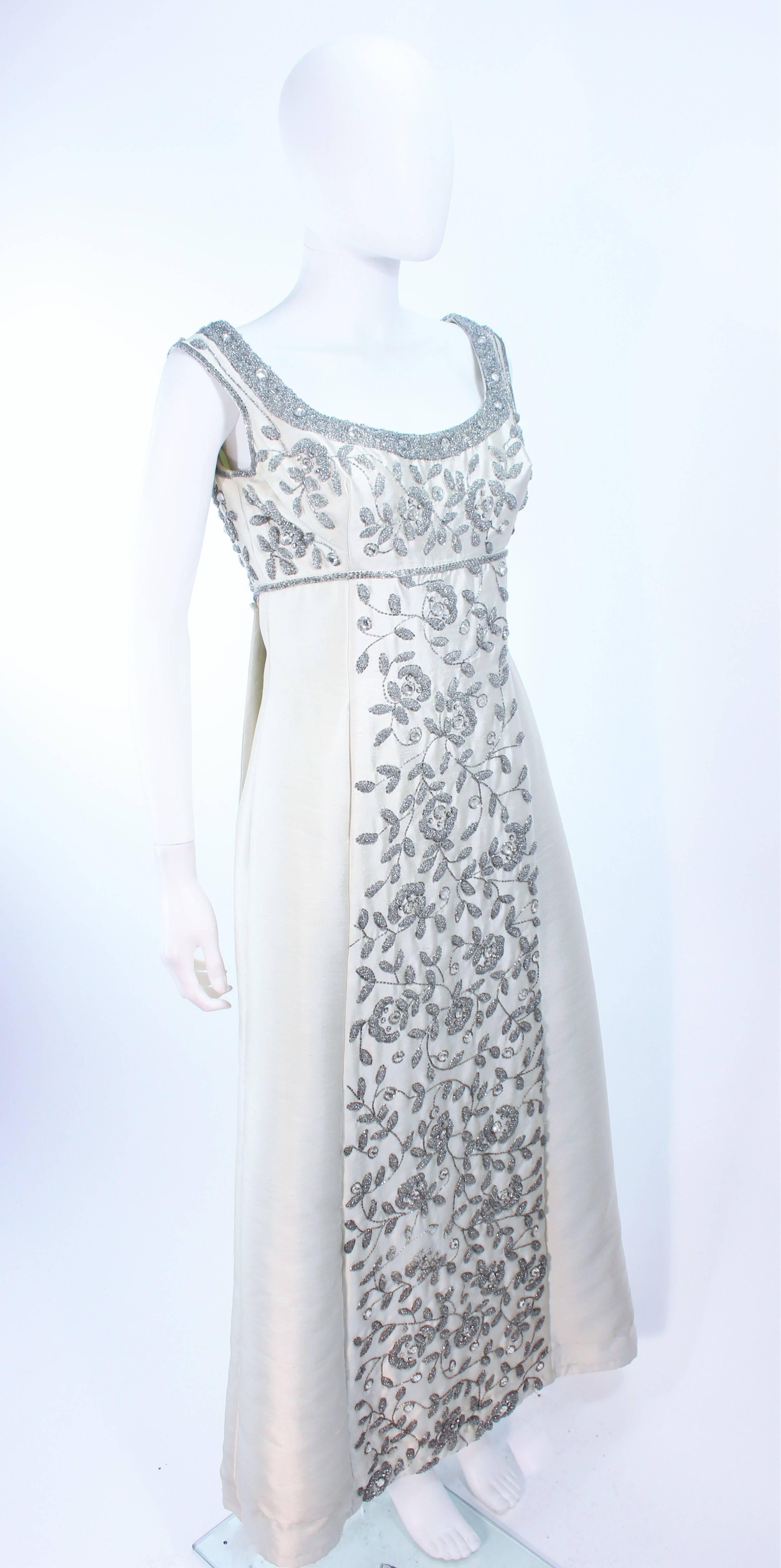 LILLIE RUBIN 1960's Off White Raw Silk Gown with Rhinestone Embellishment Size 4 In Excellent Condition In Los Angeles, CA