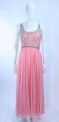 I. MAGNIN 1960's Hand Beaded Pink Chiffon Gown Size 4