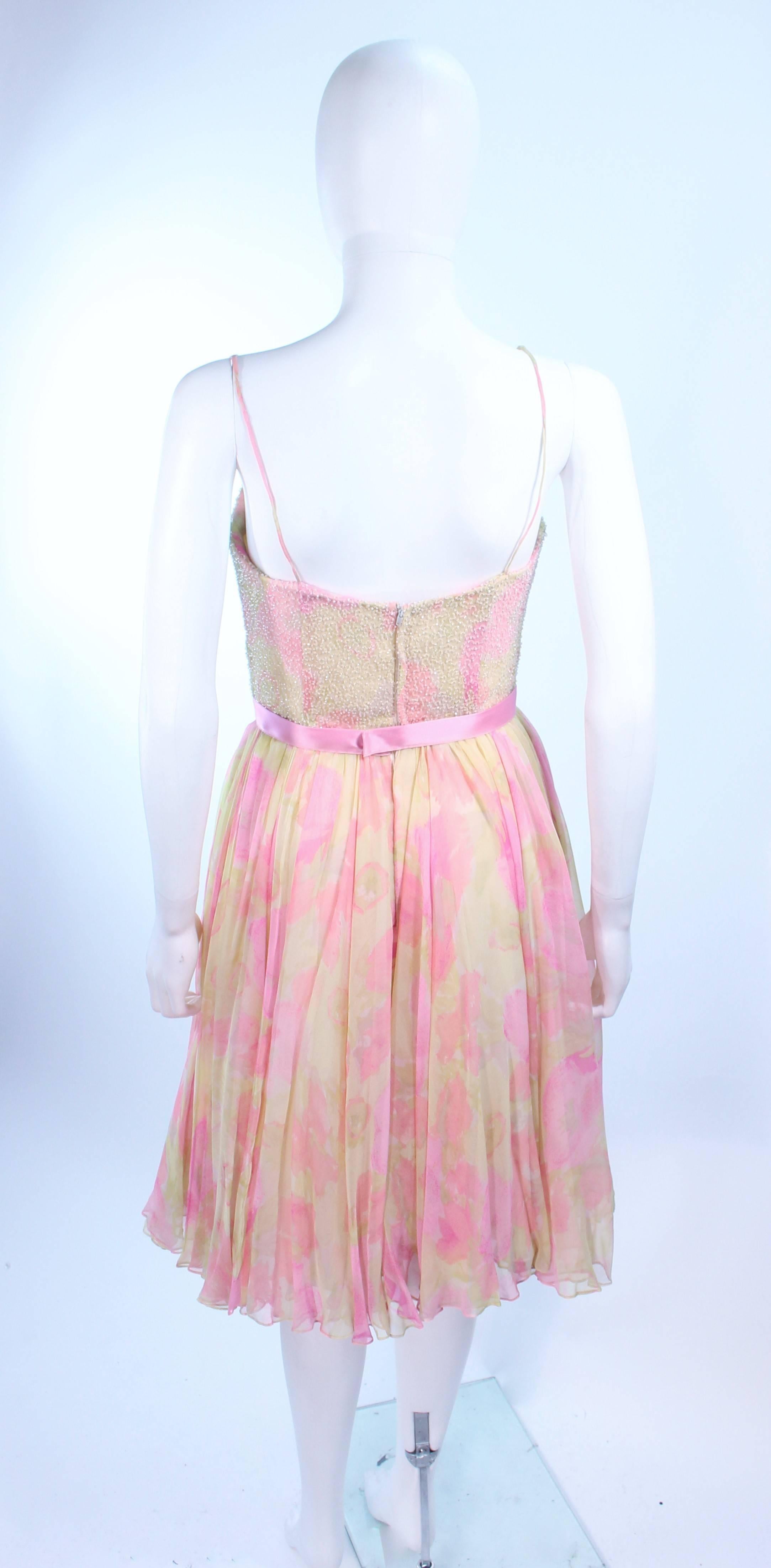 MILDRED 1960's Pink and Yellow Chiffon Beaded Cocktail Dress Size 2 4 For Sale 4