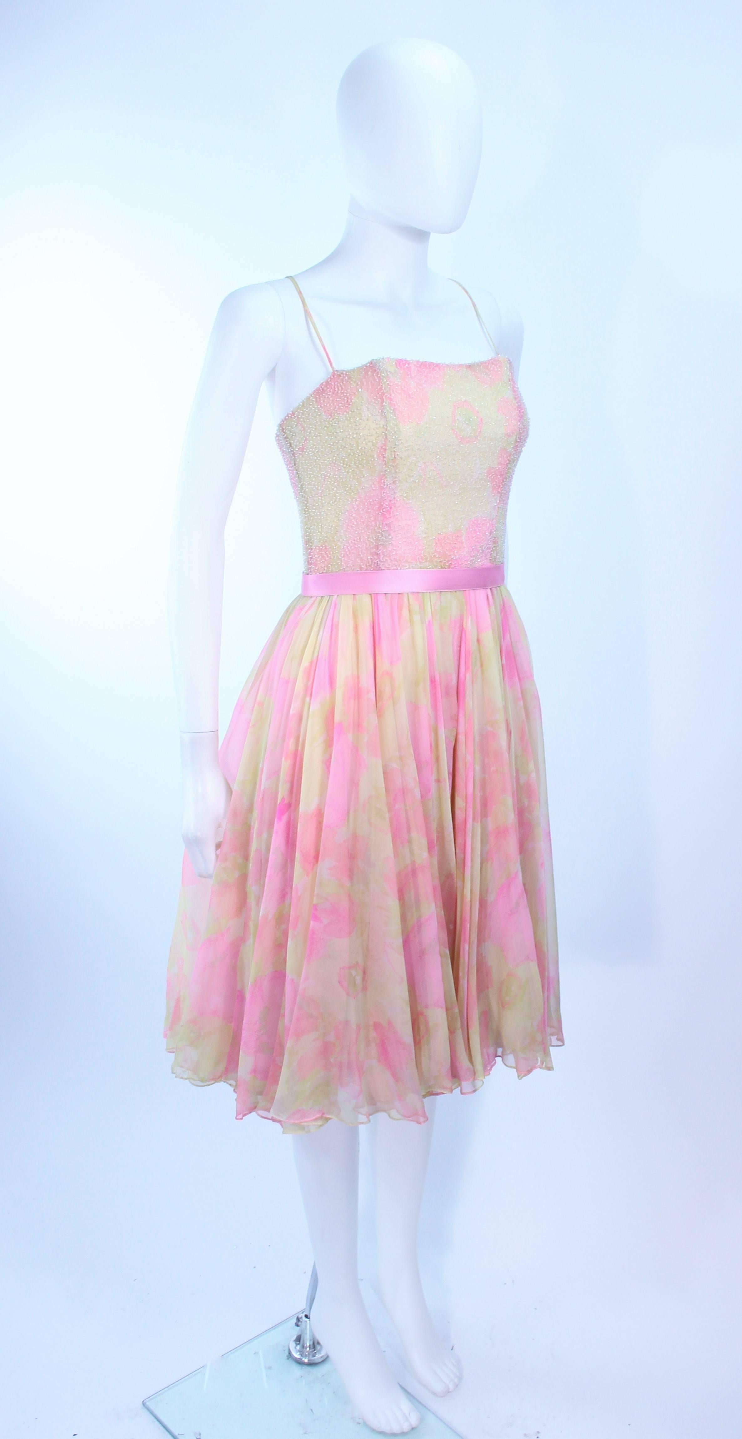 Women's MILDRED 1960's Pink and Yellow Chiffon Beaded Cocktail Dress Size 2 4 For Sale