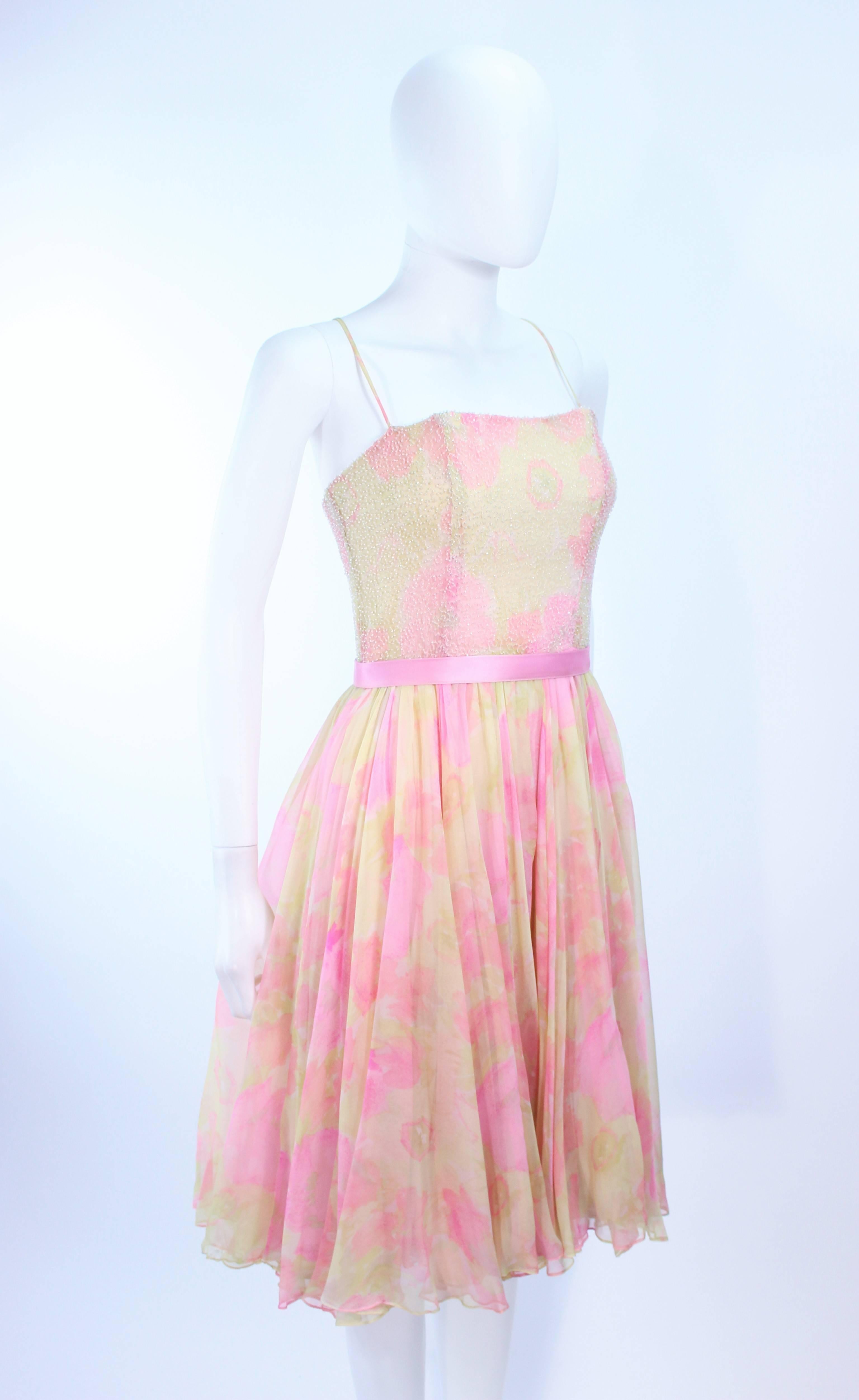 MILDRED 1960's Pink and Yellow Chiffon Beaded Cocktail Dress Size 2 4 For Sale 1