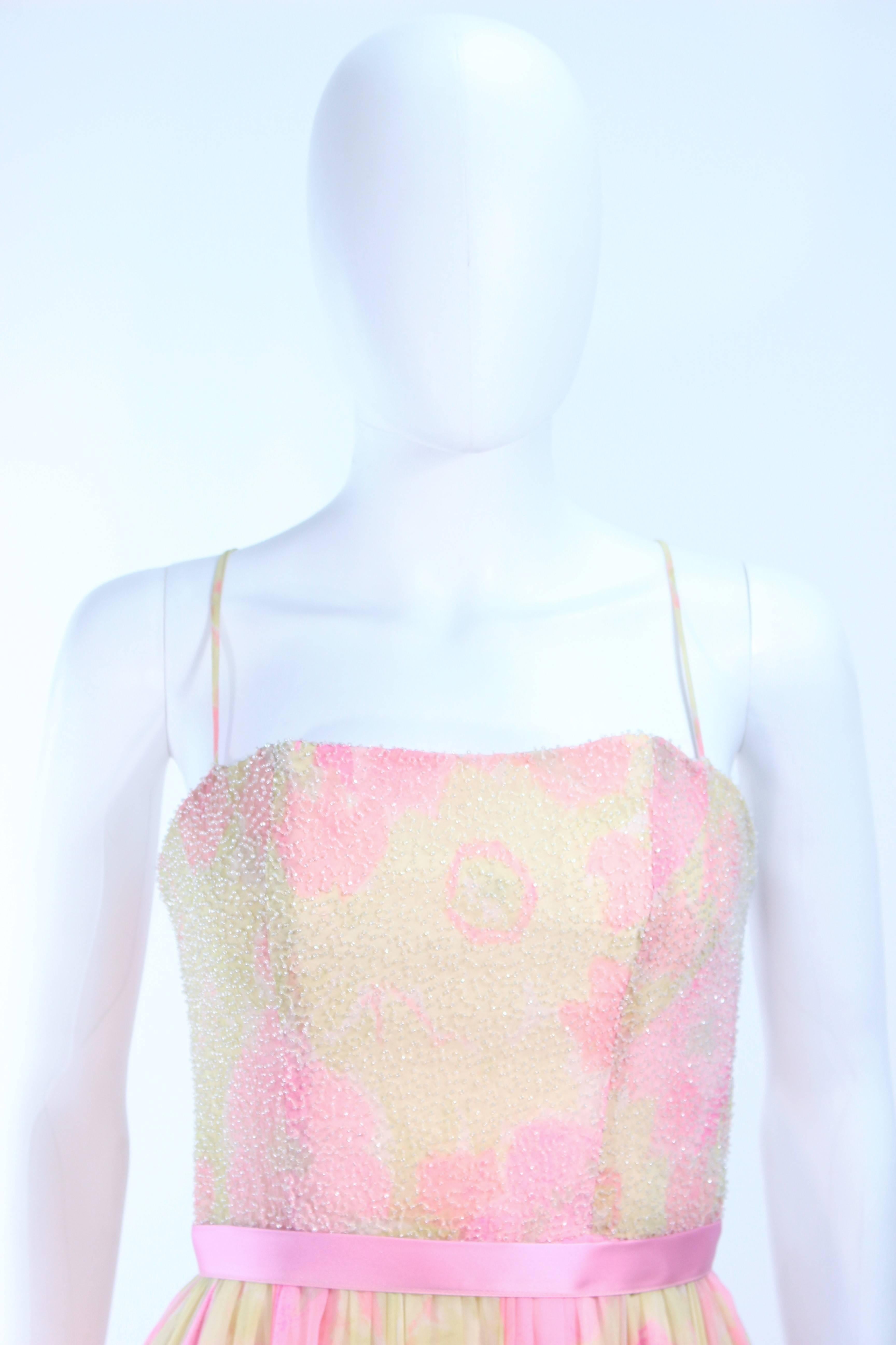 MILDRED 1960's Pink and Yellow Chiffon Beaded Cocktail Dress Size 2 4 In Excellent Condition For Sale In Los Angeles, CA