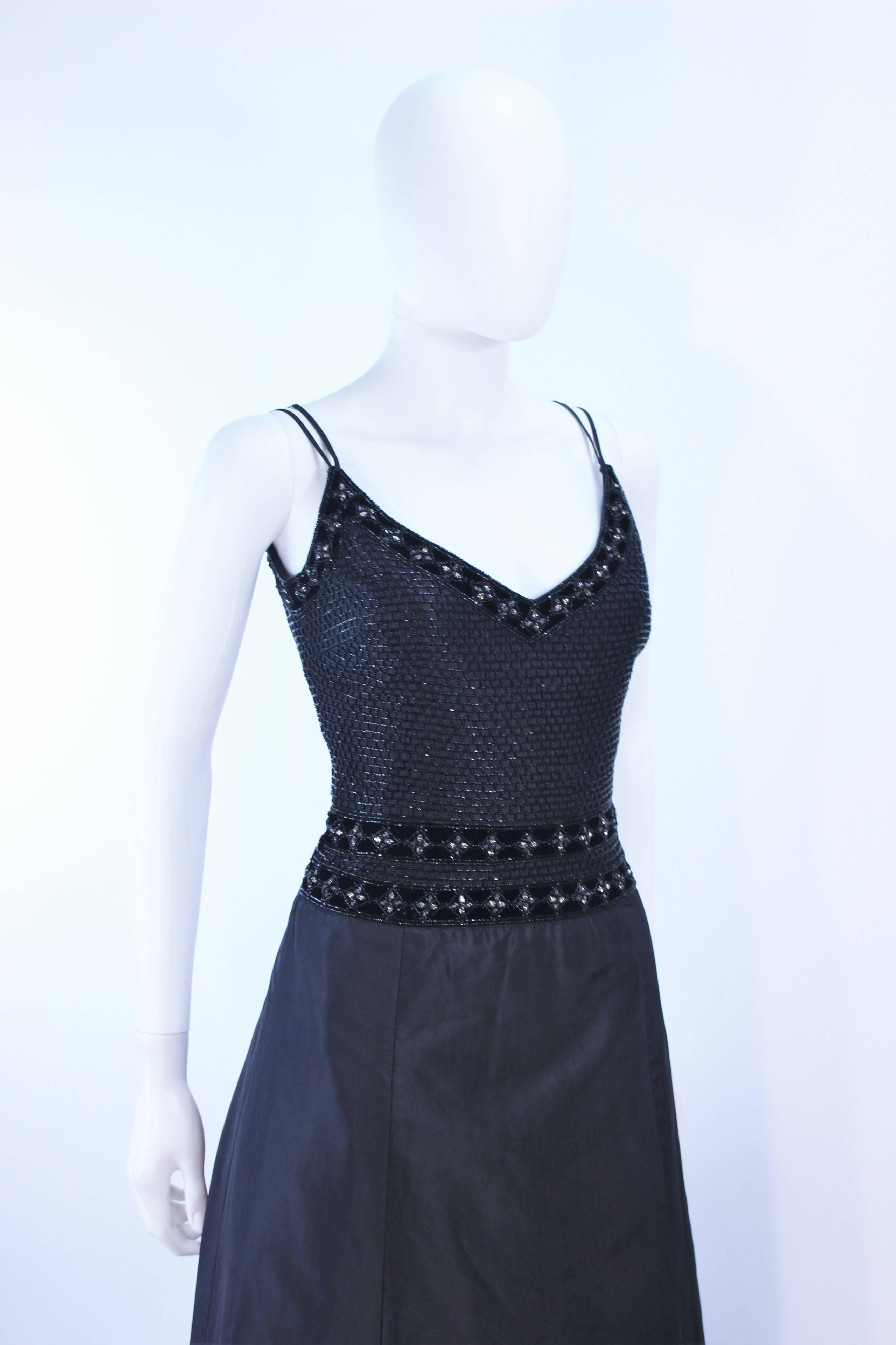 BADLEY MISCHKA Black Satin Beaded Gown with Rhinestone Accents Size 4  In Excellent Condition For Sale In Los Angeles, CA