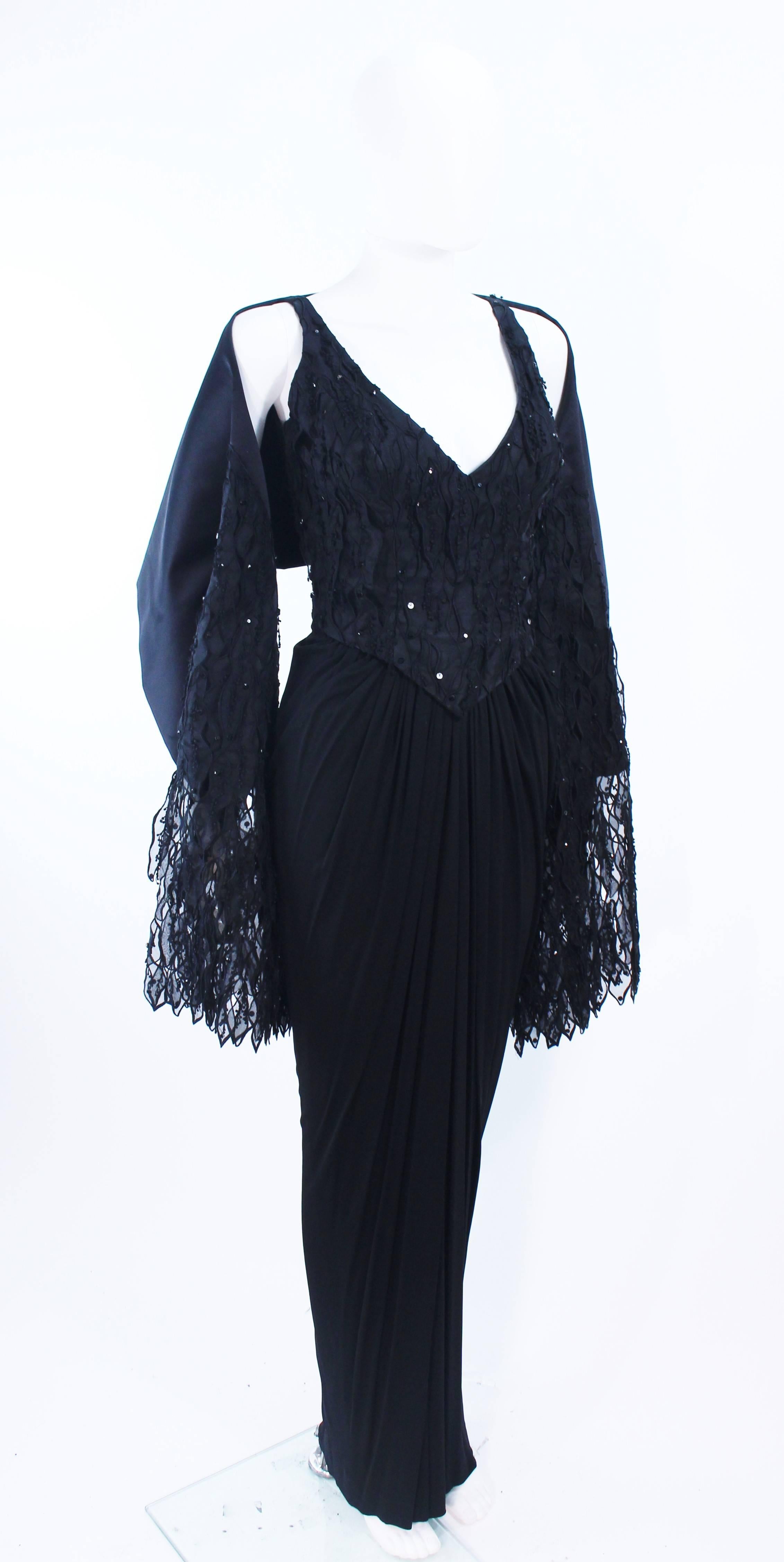Women's Vintage 1960's Black Silk Jersey Gown with Floral Applique & Rhinestones Size 4 For Sale