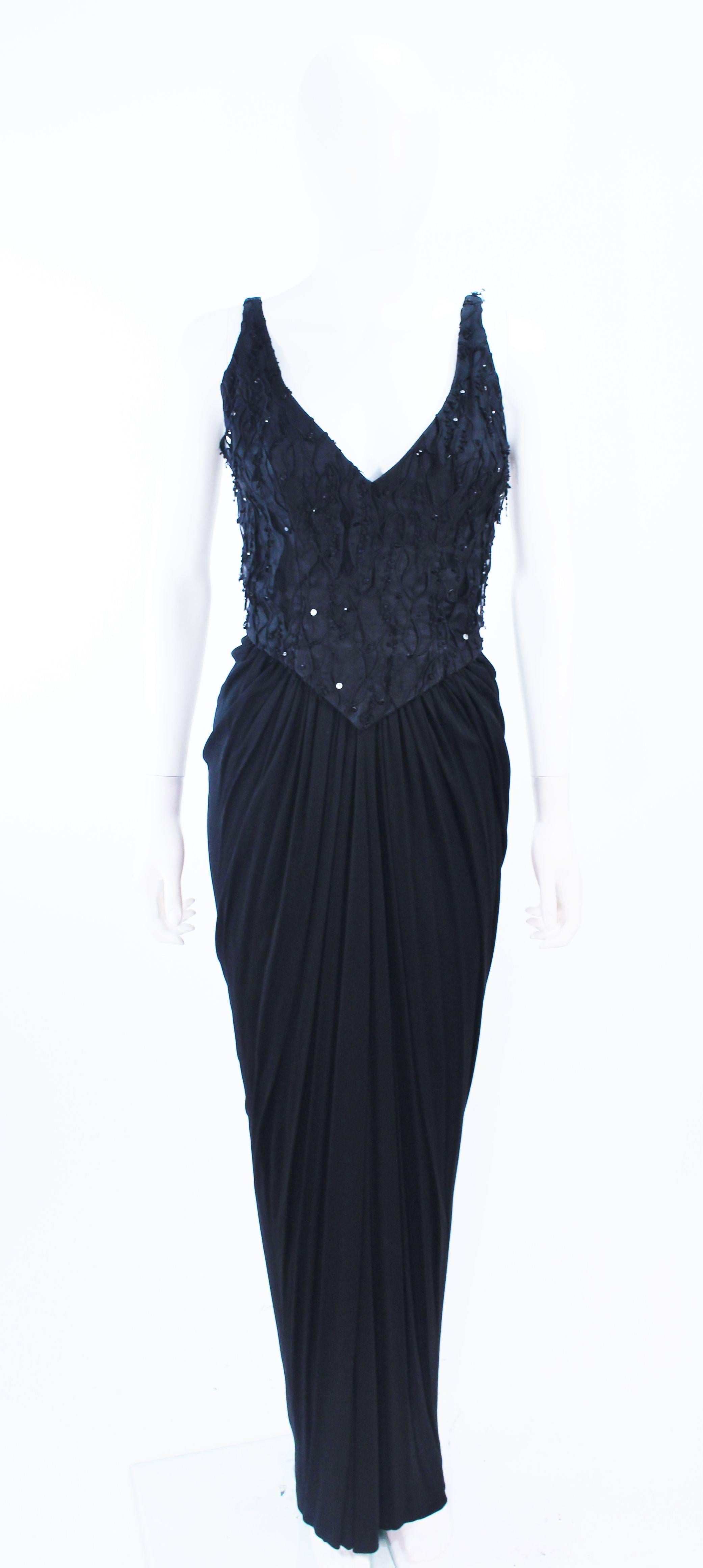 Vintage 1960's Black Silk Jersey Gown with Floral Applique & Rhinestones Size 4 For Sale 2