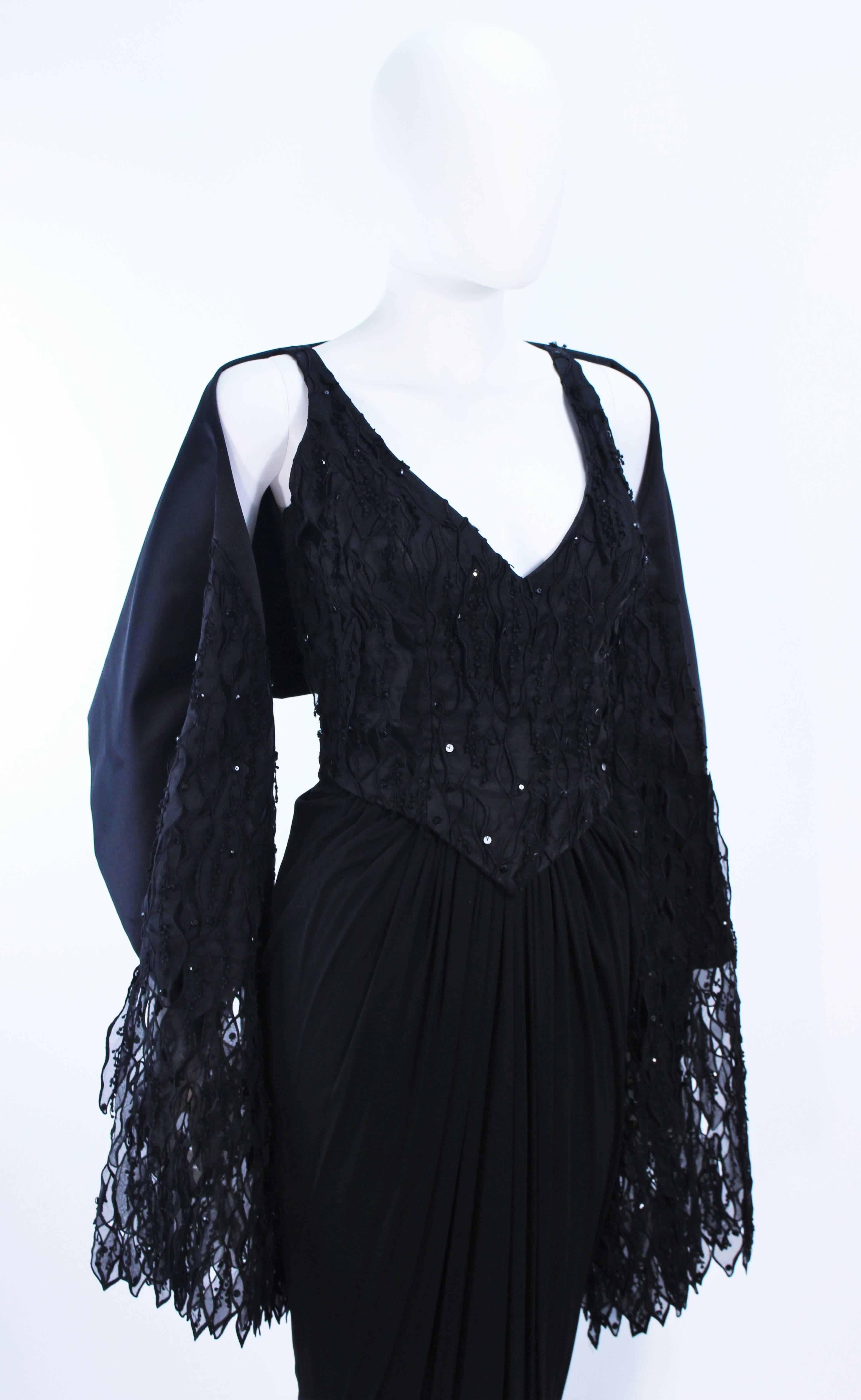 Vintage 1960's Black Silk Jersey Gown with Floral Applique & Rhinestones Size 4 For Sale 1