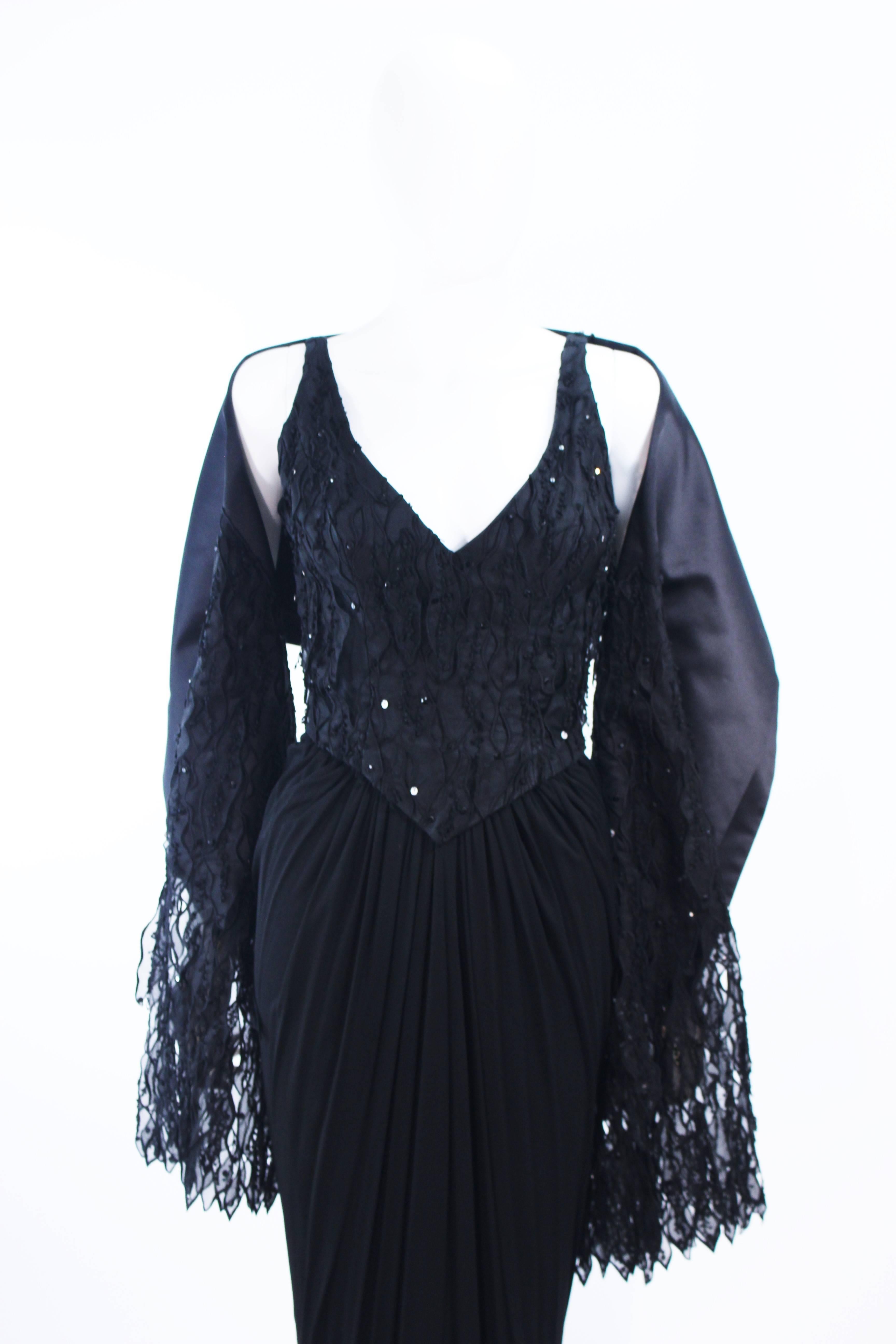 Vintage 1960's Black Silk Jersey Gown with Floral Applique & Rhinestones Size 4 In Excellent Condition For Sale In Los Angeles, CA