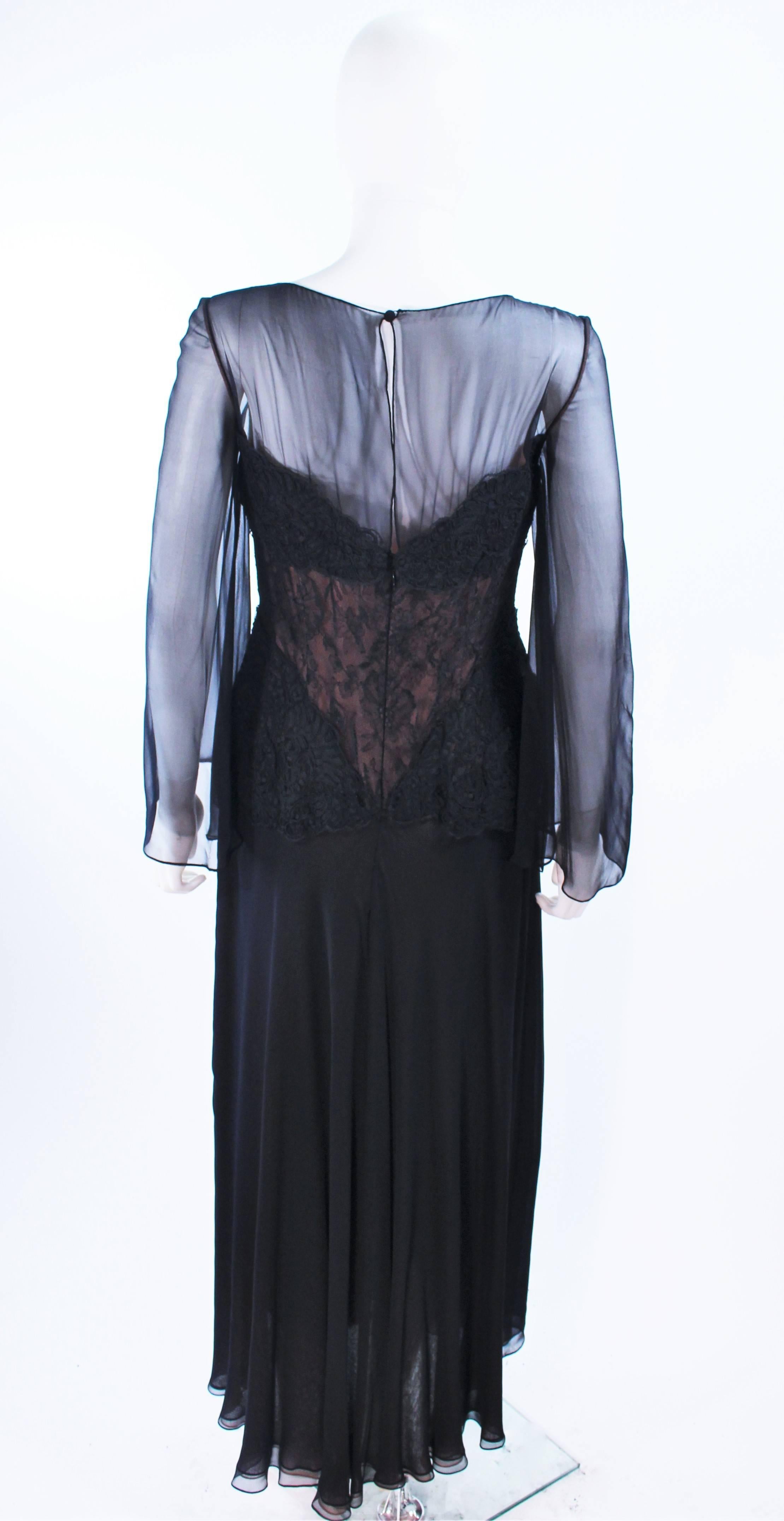 BILL BLASS Black Lace Chiffon Gown with Nude Underlay Size 10 12 For Sale 5