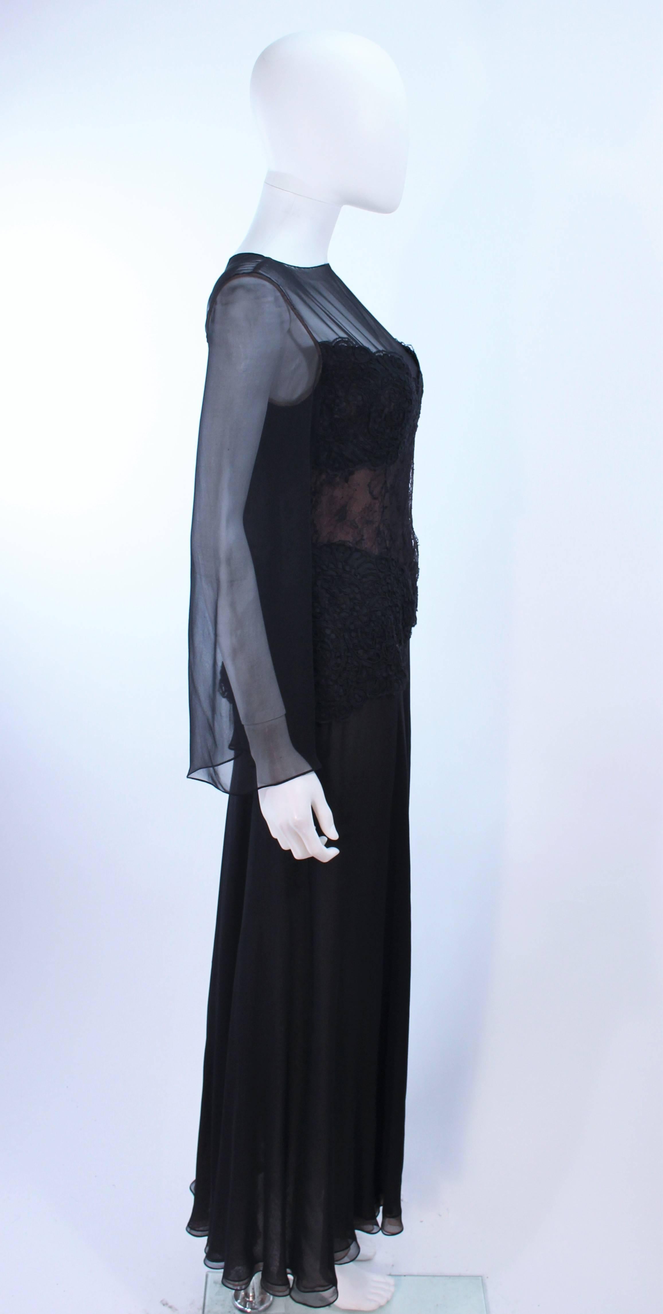 BILL BLASS Black Lace Chiffon Gown with Nude Underlay Size 10 12 For Sale 4