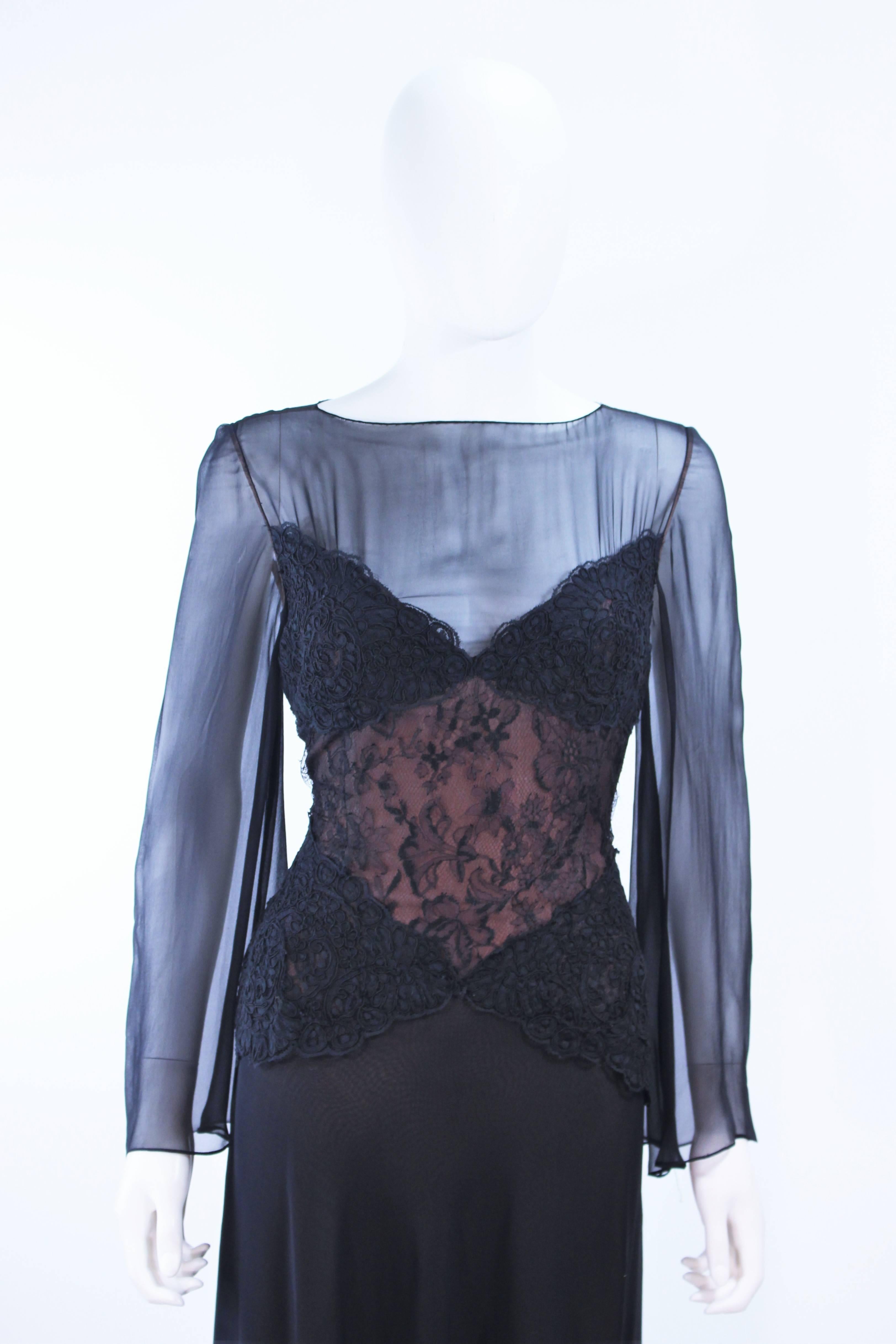 BILL BLASS Black Lace Chiffon Gown with Nude Underlay Size 10 12 In Excellent Condition For Sale In Los Angeles, CA