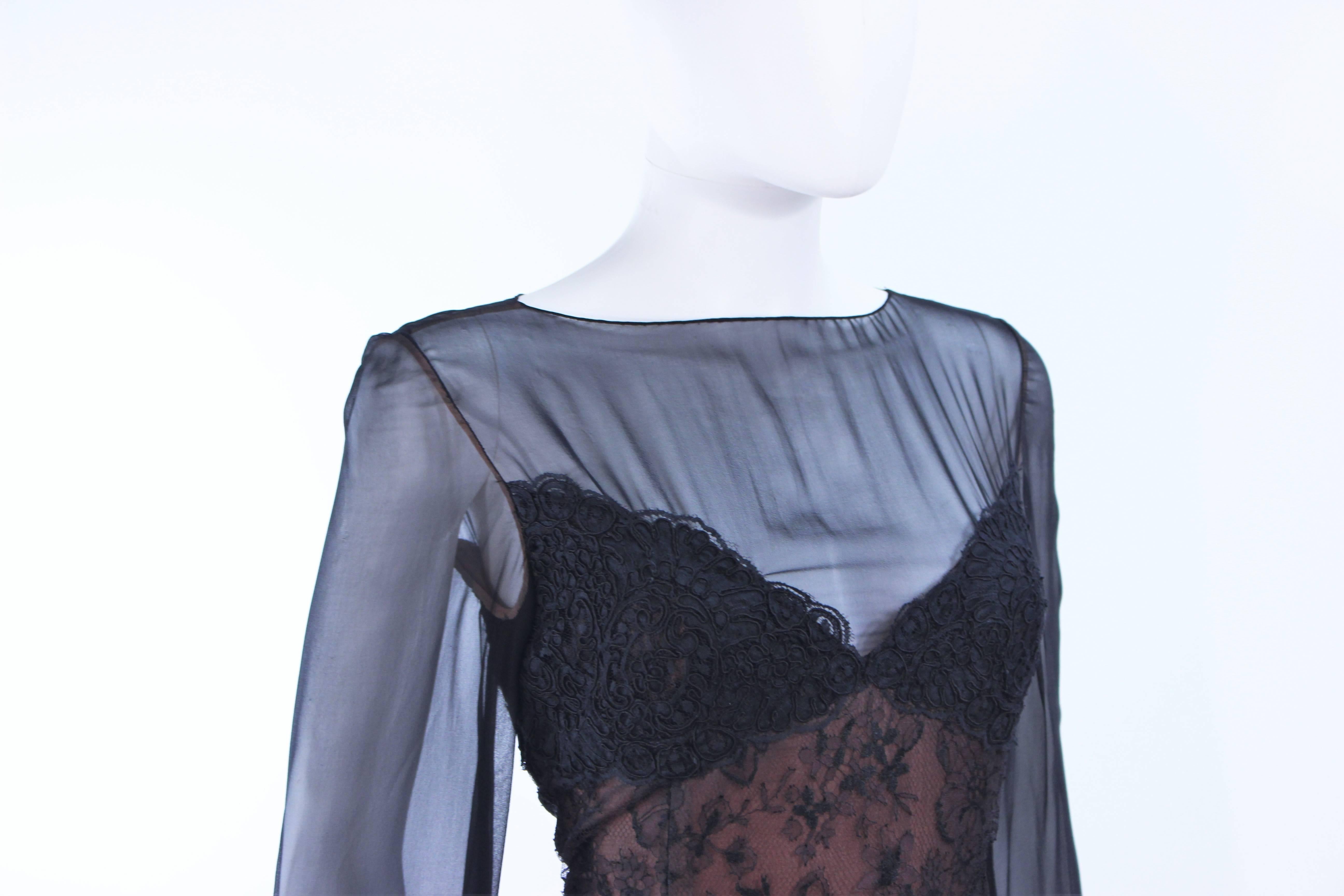 BILL BLASS Black Lace Chiffon Gown with Nude Underlay Size 10 12 For Sale 3