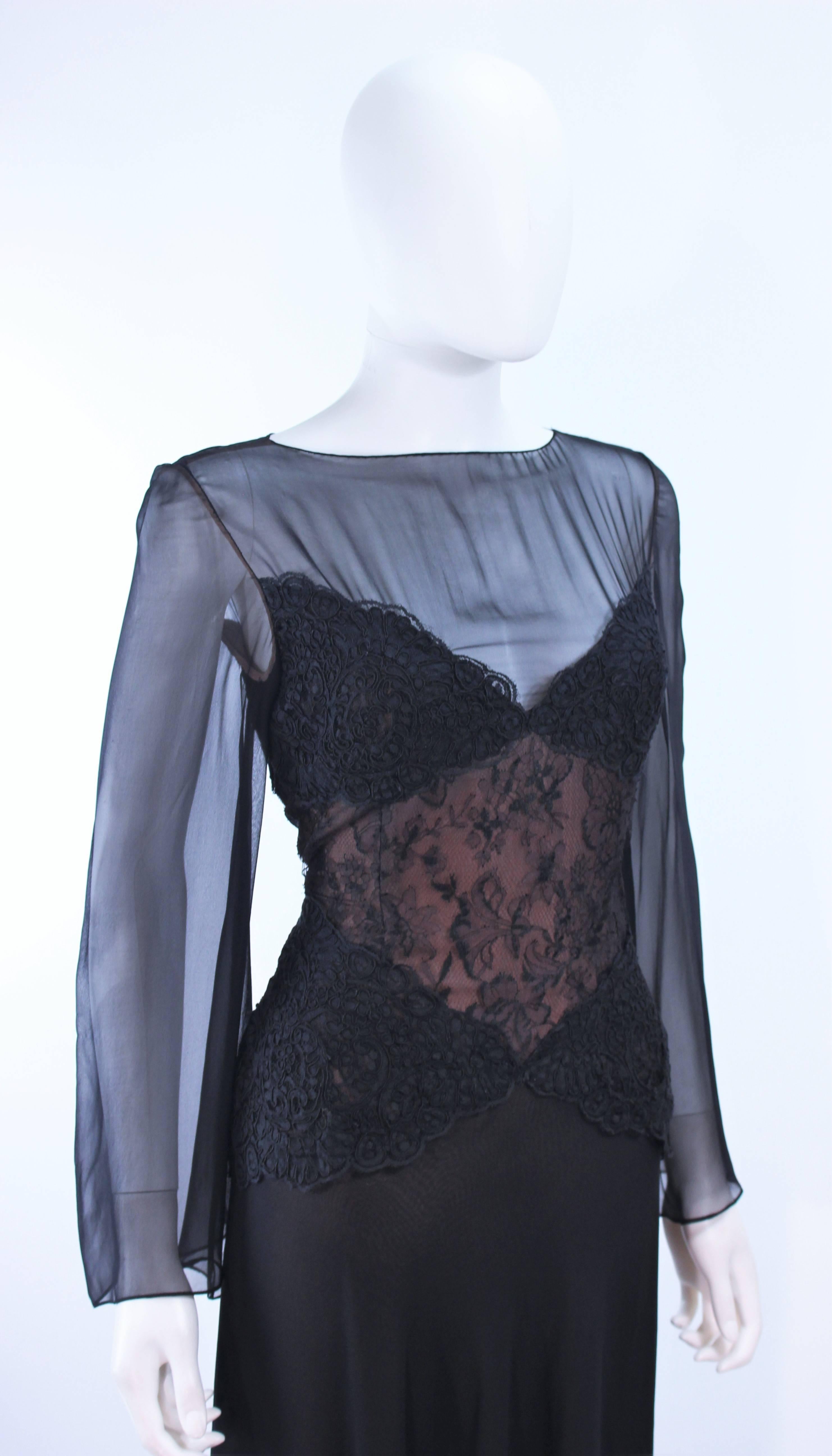 BILL BLASS Black Lace Chiffon Gown with Nude Underlay Size 10 12 For Sale 2