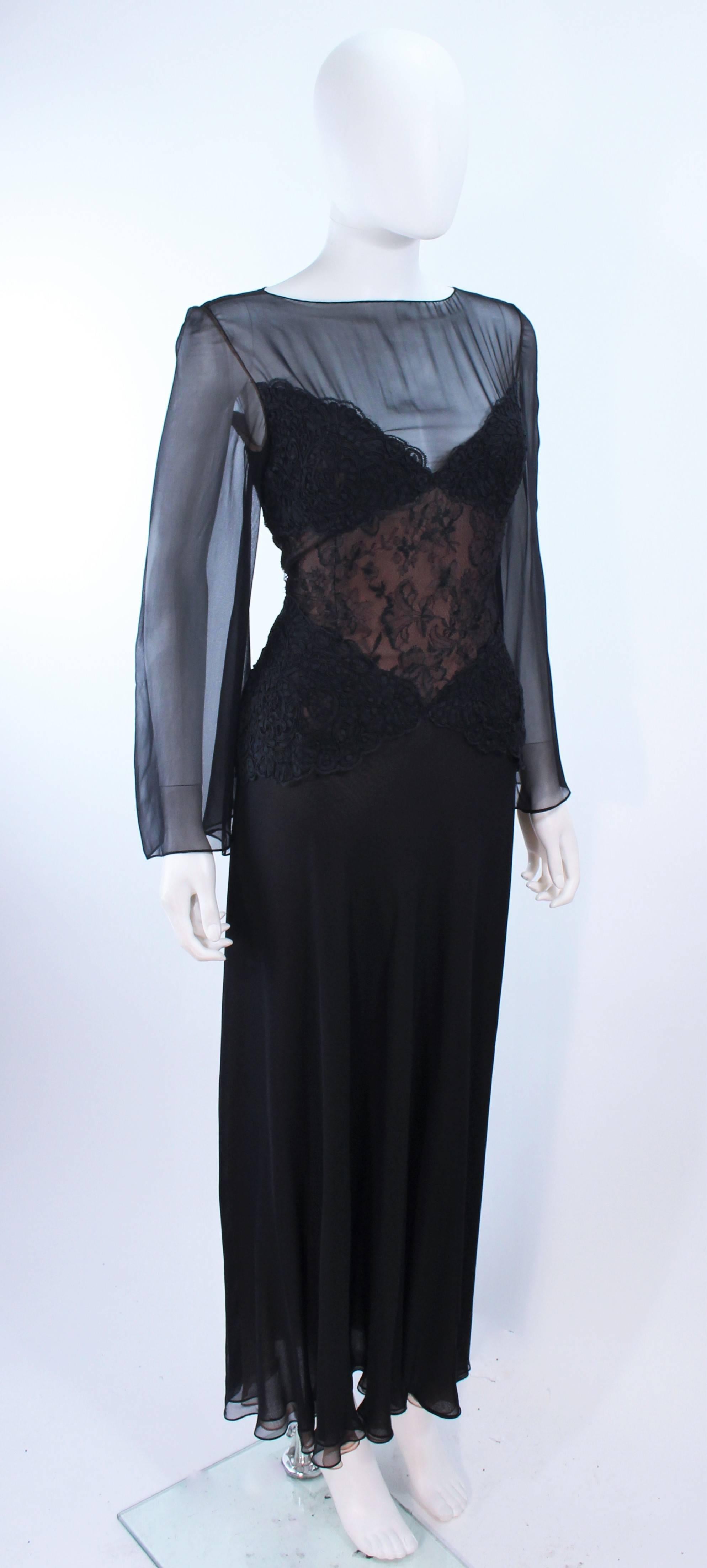 BILL BLASS Black Lace Chiffon Gown with Nude Underlay Size 10 12 For Sale 1