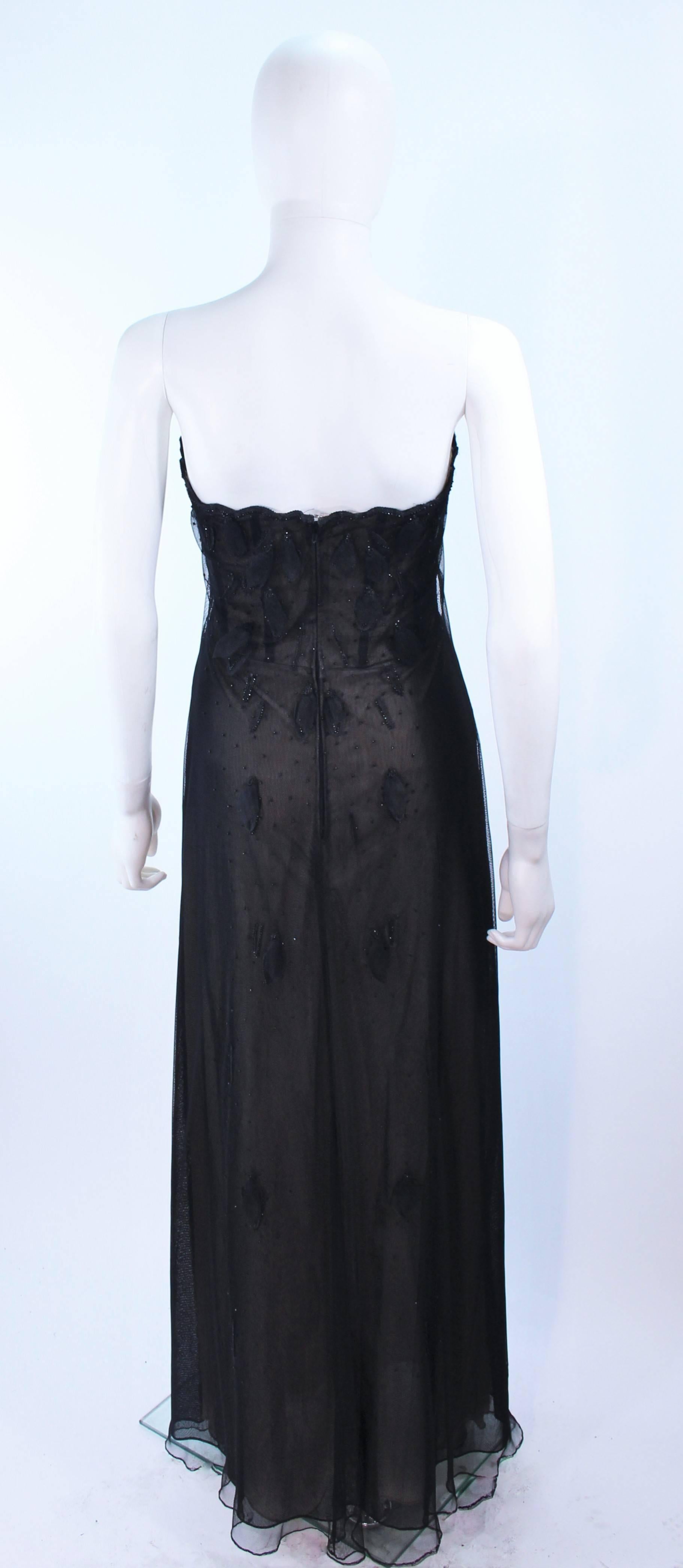 Custom Black Floral Beaded Applique Gown with Nude Size 2 For Sale 4