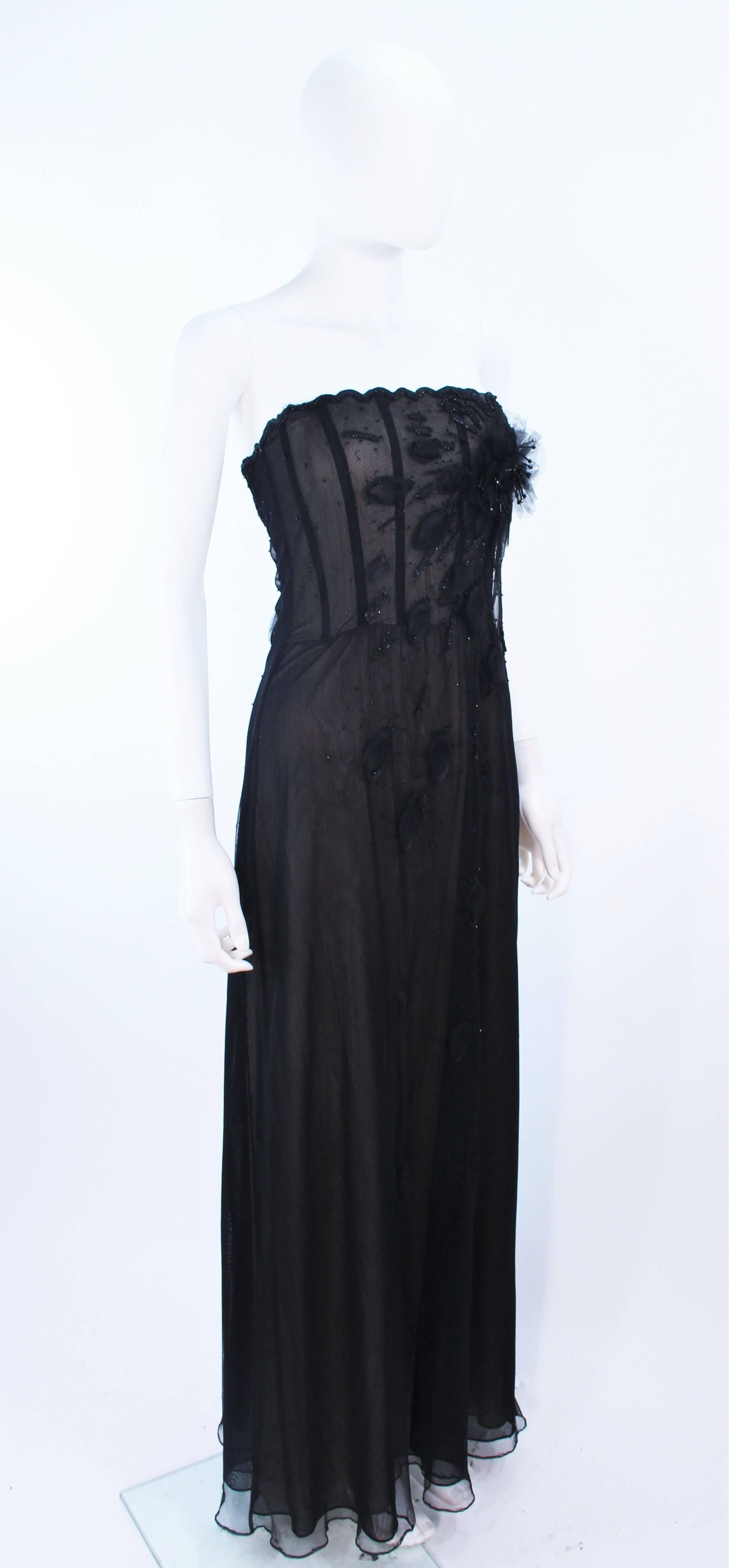 Women's Custom Black Floral Beaded Applique Gown with Nude Size 2 For Sale