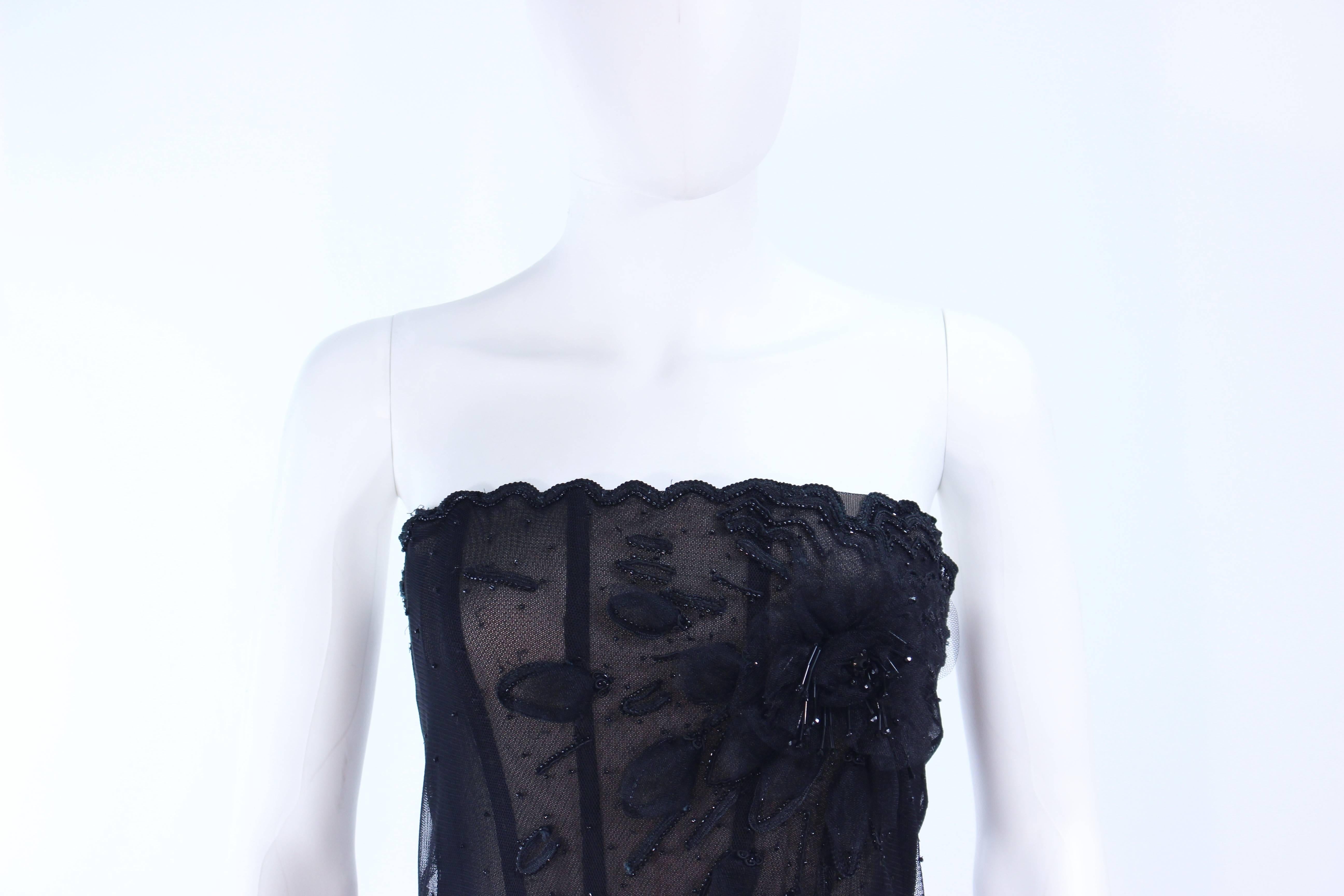 Custom Black Floral Beaded Applique Gown with Nude Size 2 In Excellent Condition For Sale In Los Angeles, CA