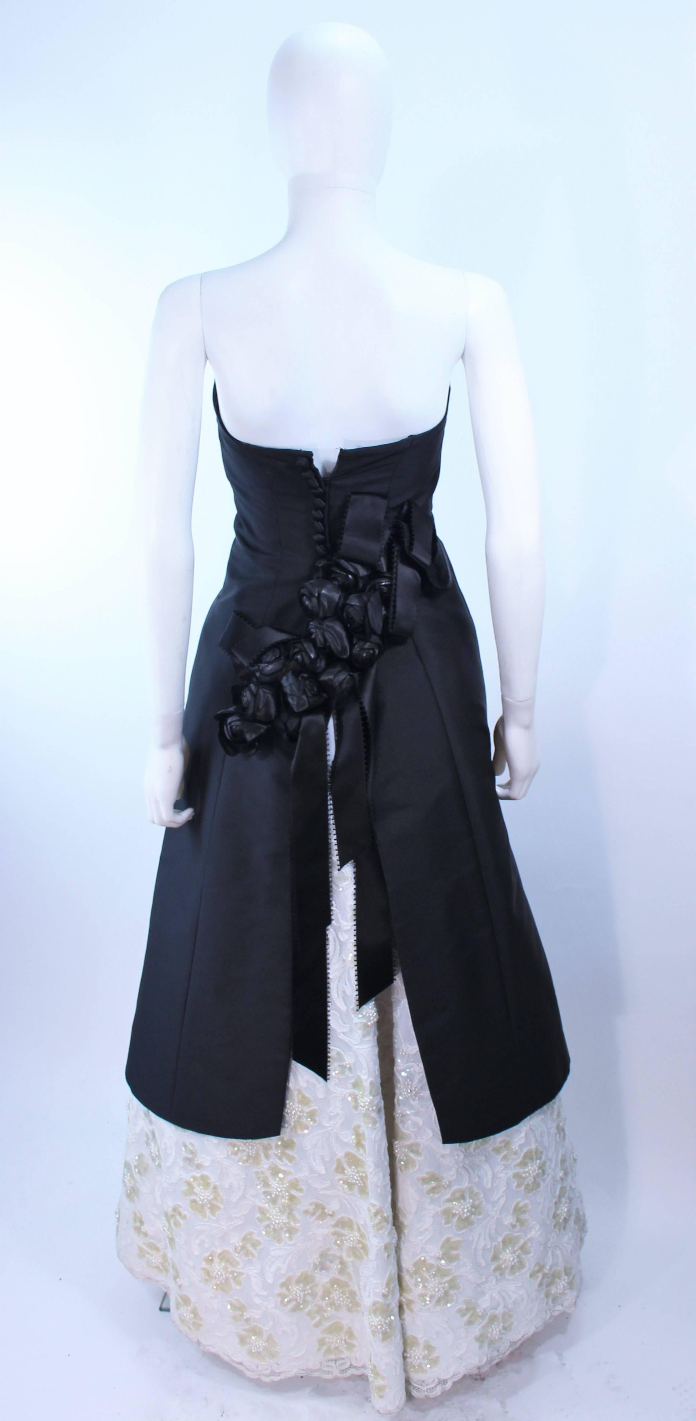 SAM CARLIN Black Silk Gown with White Sequin Lace Accents Size 6 For Sale 1