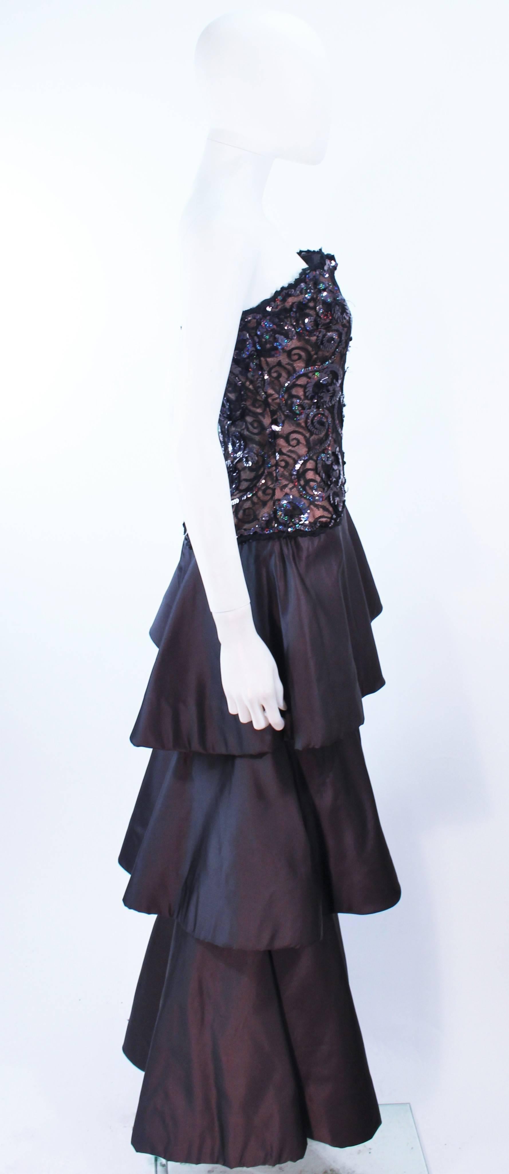 SCAASI 1980s Black & Gunmetal Lace Iridescent Sequin Tiered Gown Size  4 6 5
