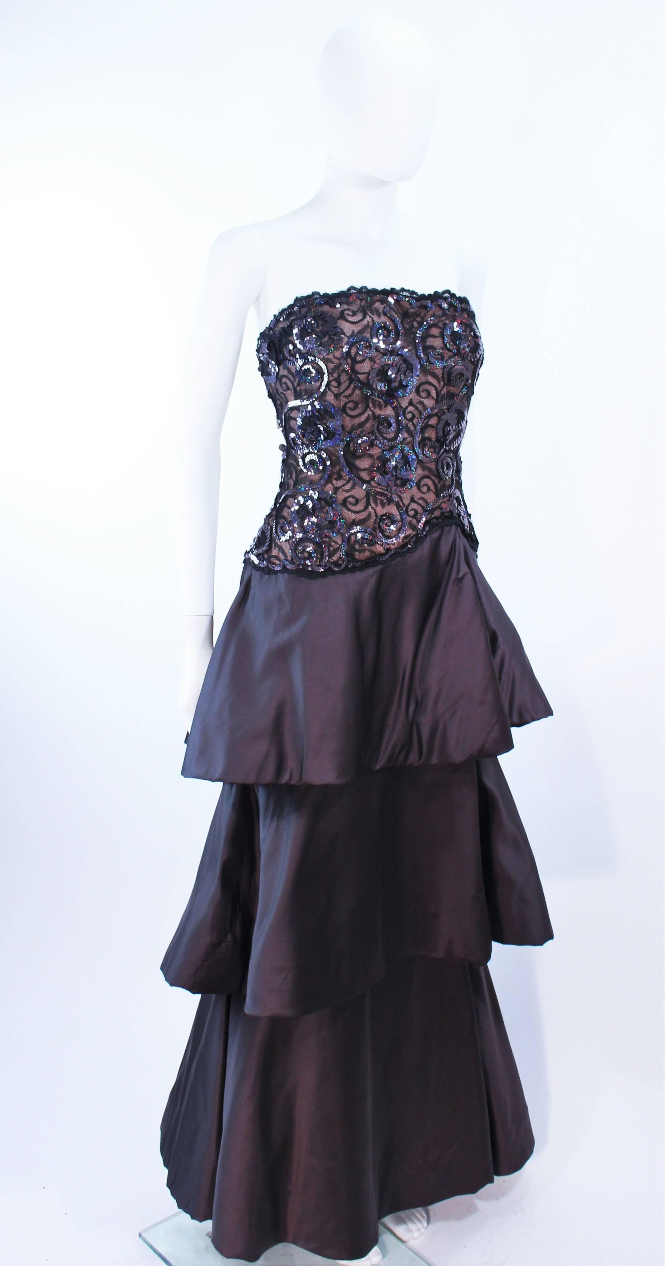SCAASI 1980s Black & Gunmetal Lace Iridescent Sequin Tiered Gown Size  4 6 2