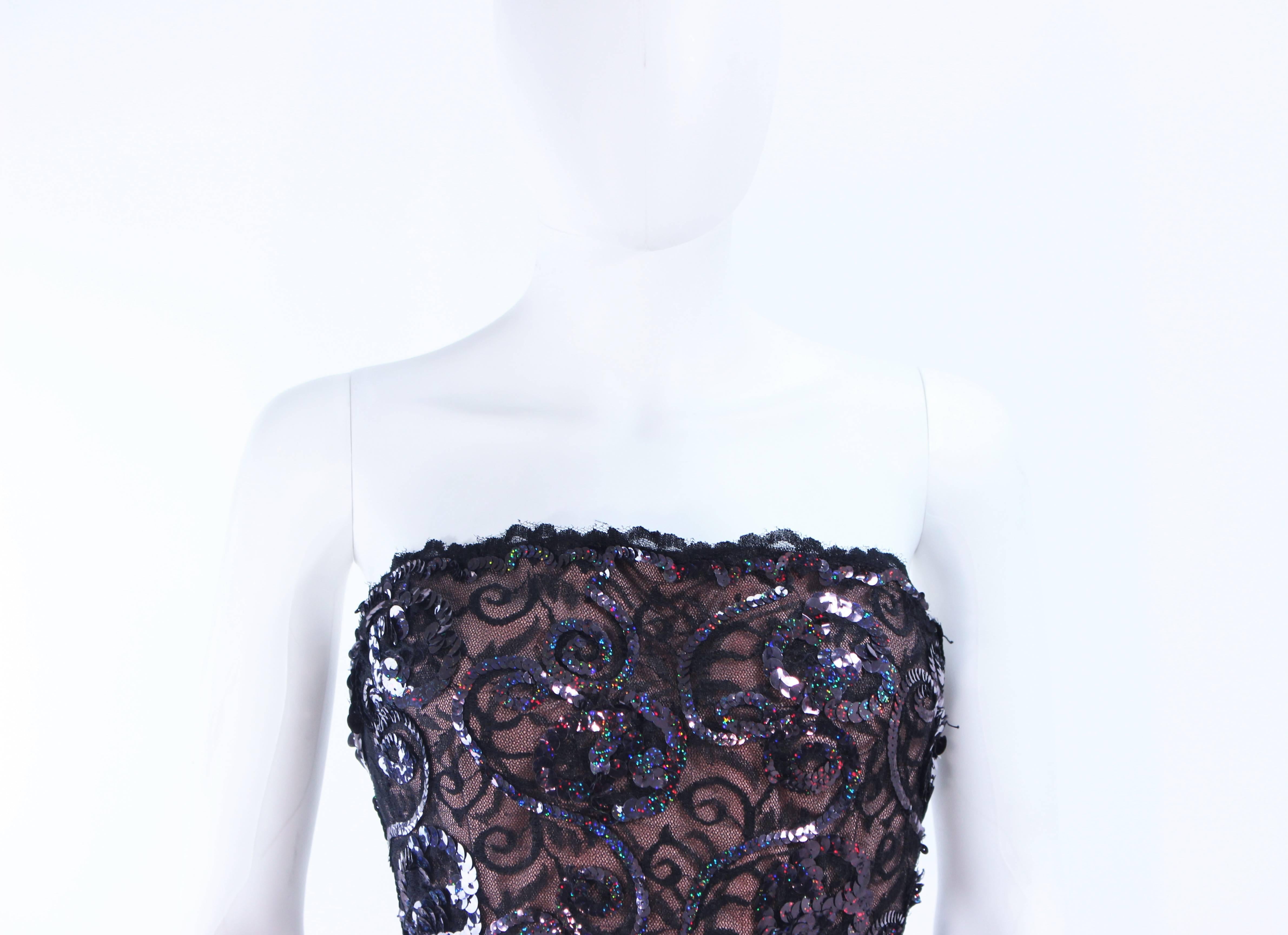 SCAASI 1980s Black & Gunmetal Lace Iridescent Sequin Tiered Gown Size  4 6 1