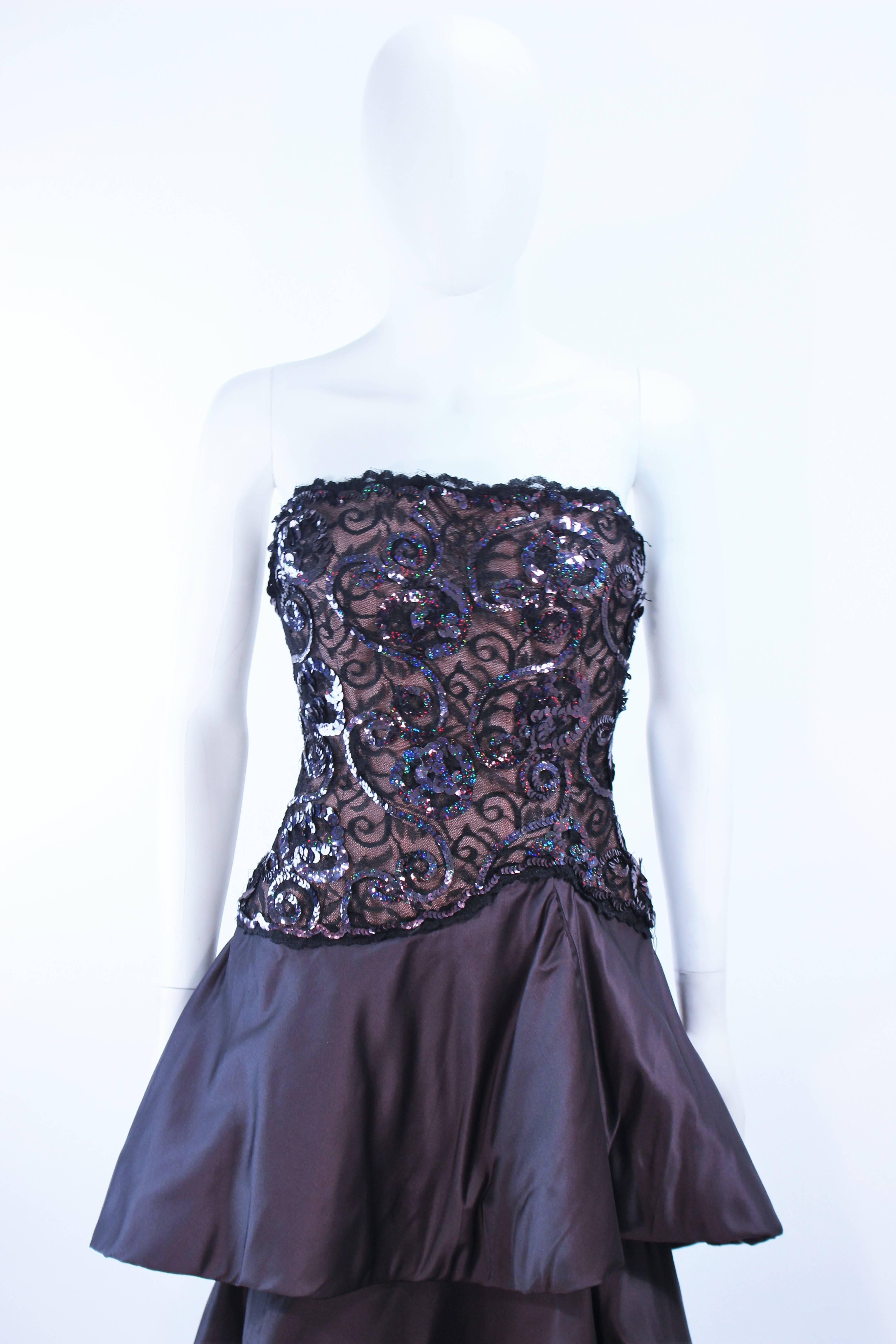 Women's SCAASI 1980s Black & Gunmetal Lace Iridescent Sequin Tiered Gown Size  4 6