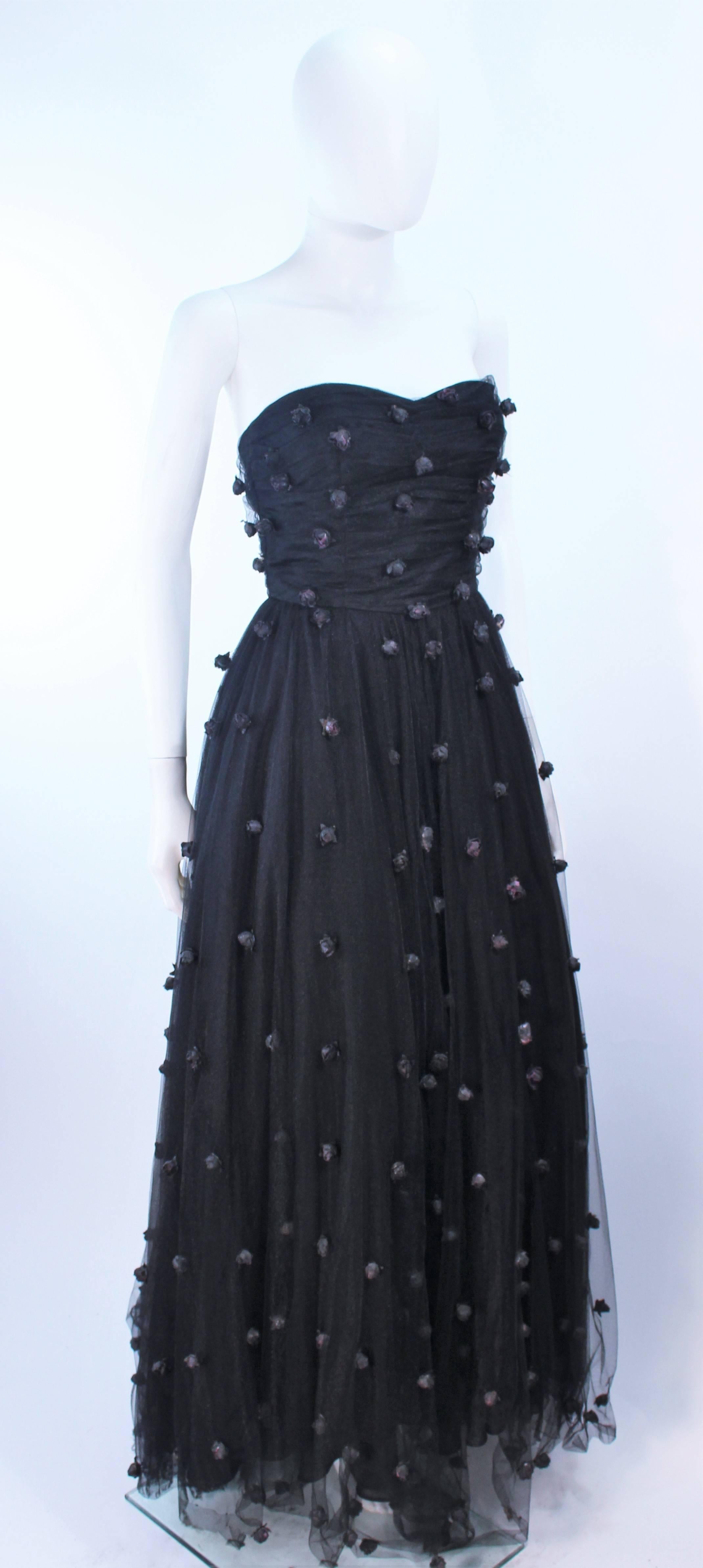 Women's PAMELA DENNIS Attributed Black Mesh Gown with Rose Applique & Wrap Size 2 4 For Sale