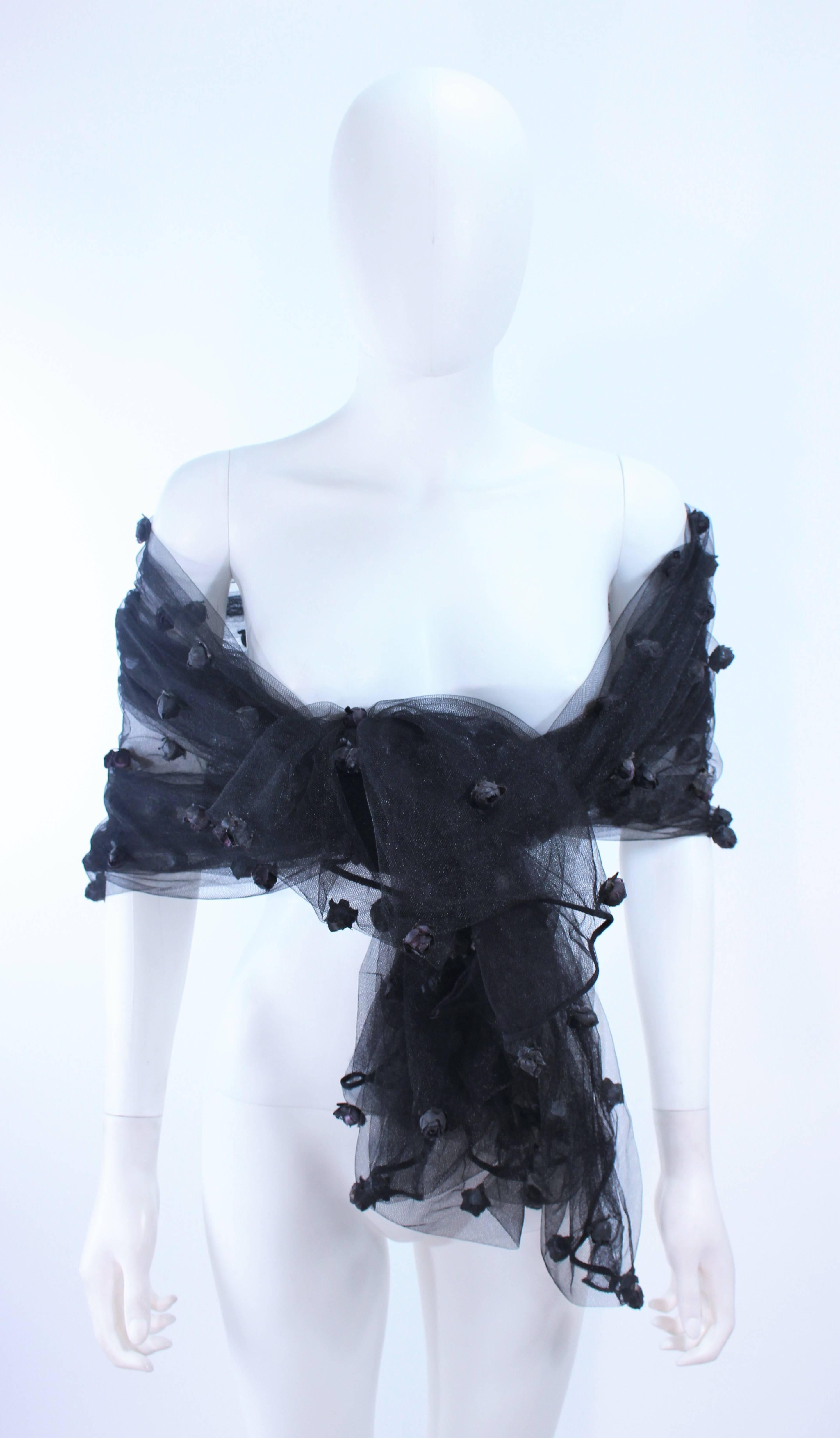 PAMELA DENNIS Attributed Black Mesh Gown with Rose Applique & Wrap Size 2 4 For Sale 4