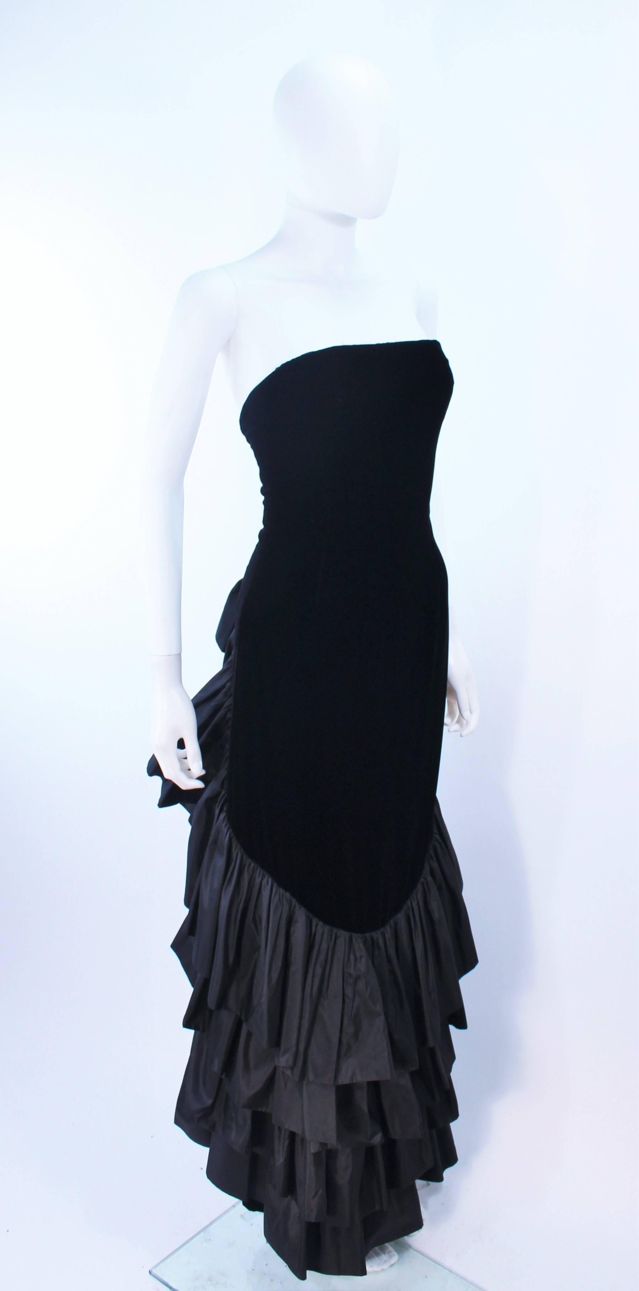 Women's VICKY TIEL Black Velvet Gown with Dramatic Tiered Back and Hem Size 36