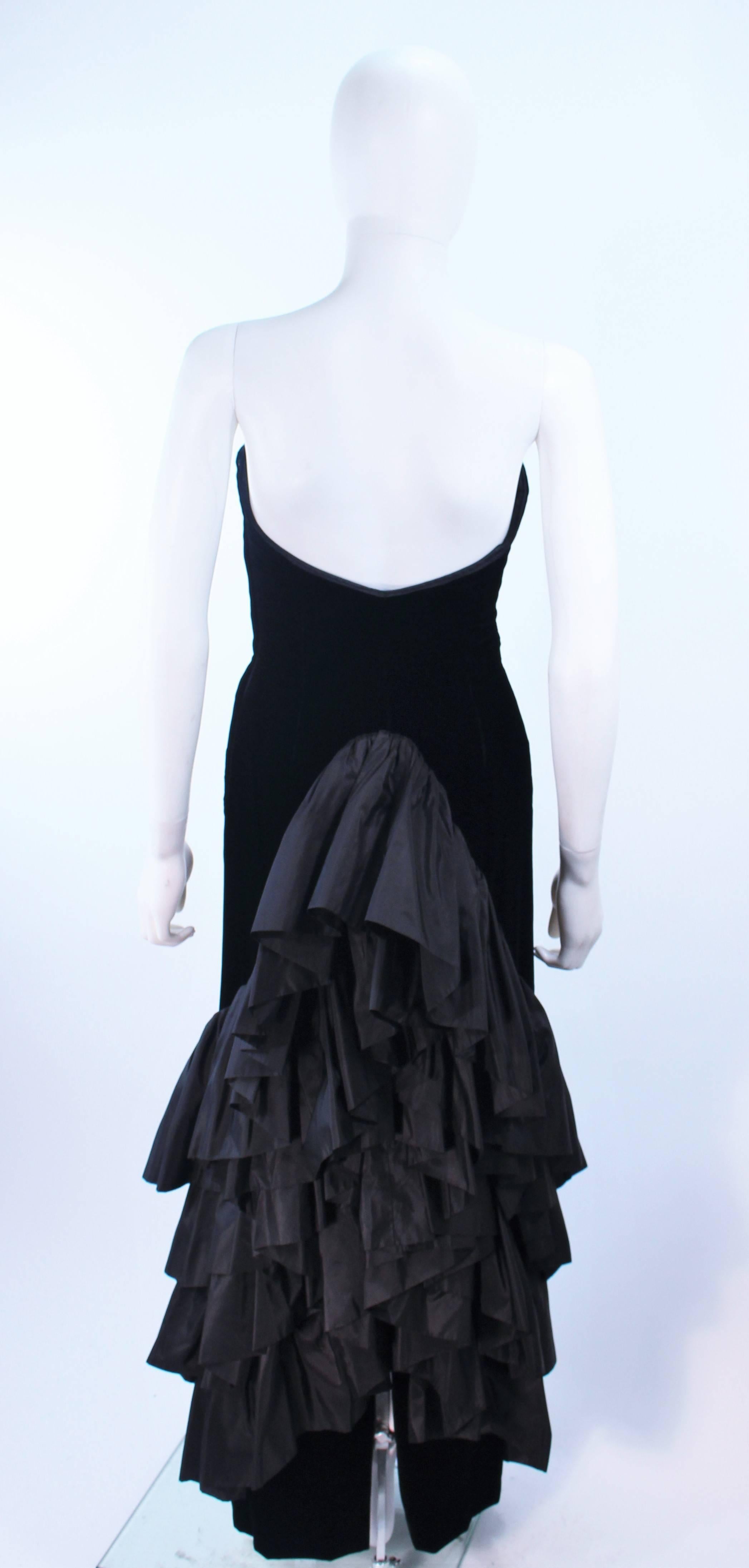 VICKY TIEL Black Velvet Gown with Dramatic Tiered Back and Hem Size 36 5