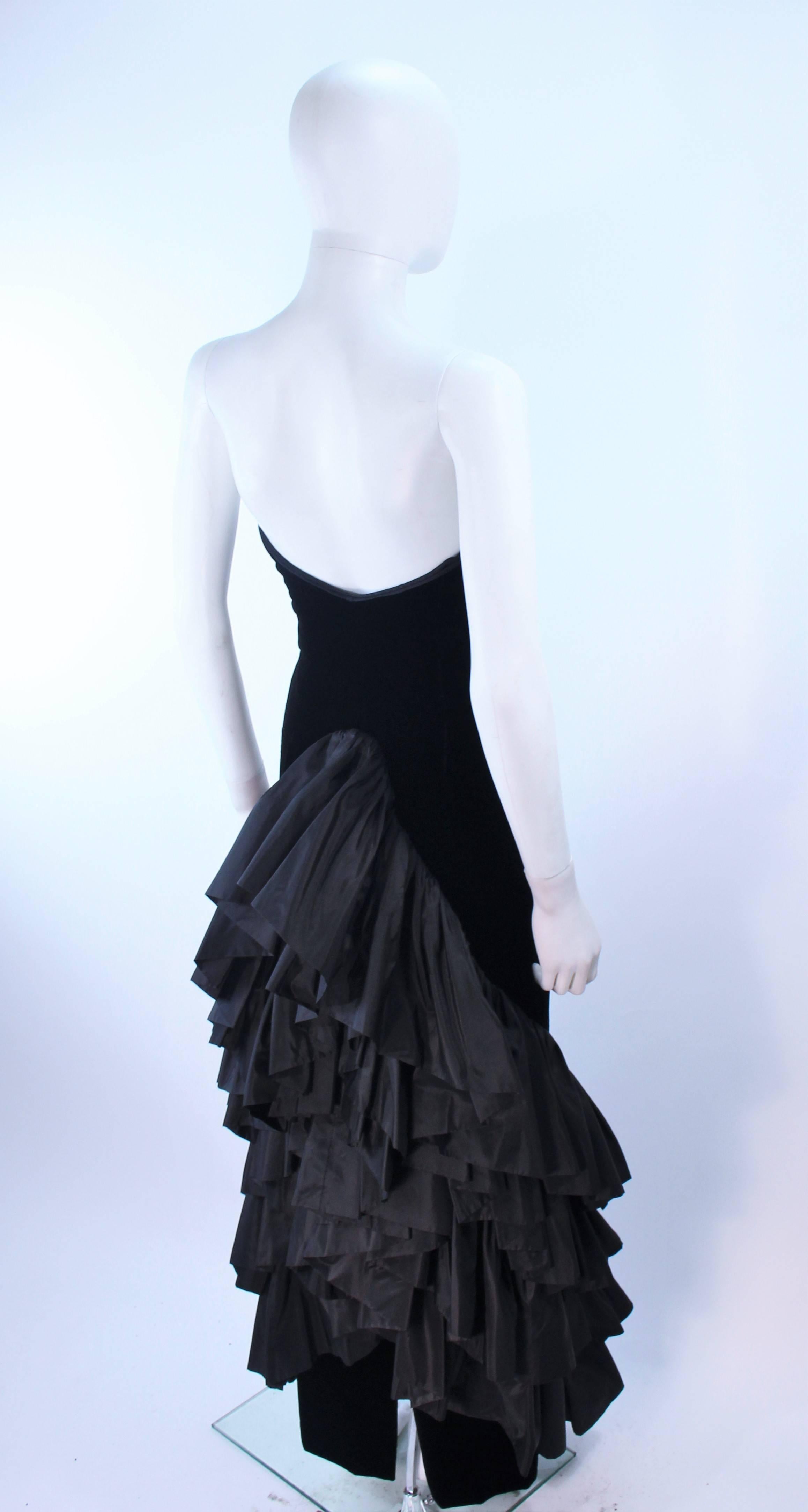 VICKY TIEL Black Velvet Gown with Dramatic Tiered Back and Hem Size 36 4