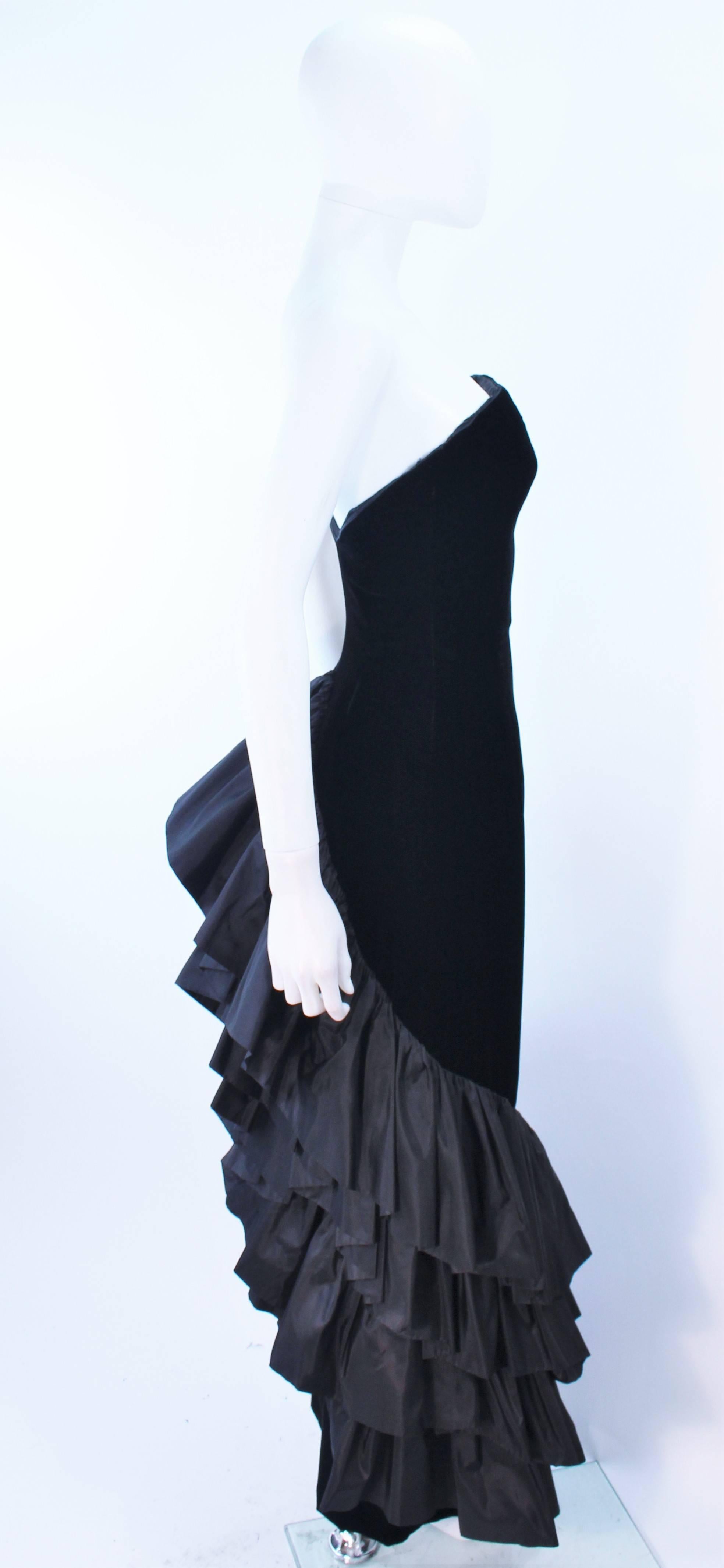 VICKY TIEL Black Velvet Gown with Dramatic Tiered Back and Hem Size 36 3