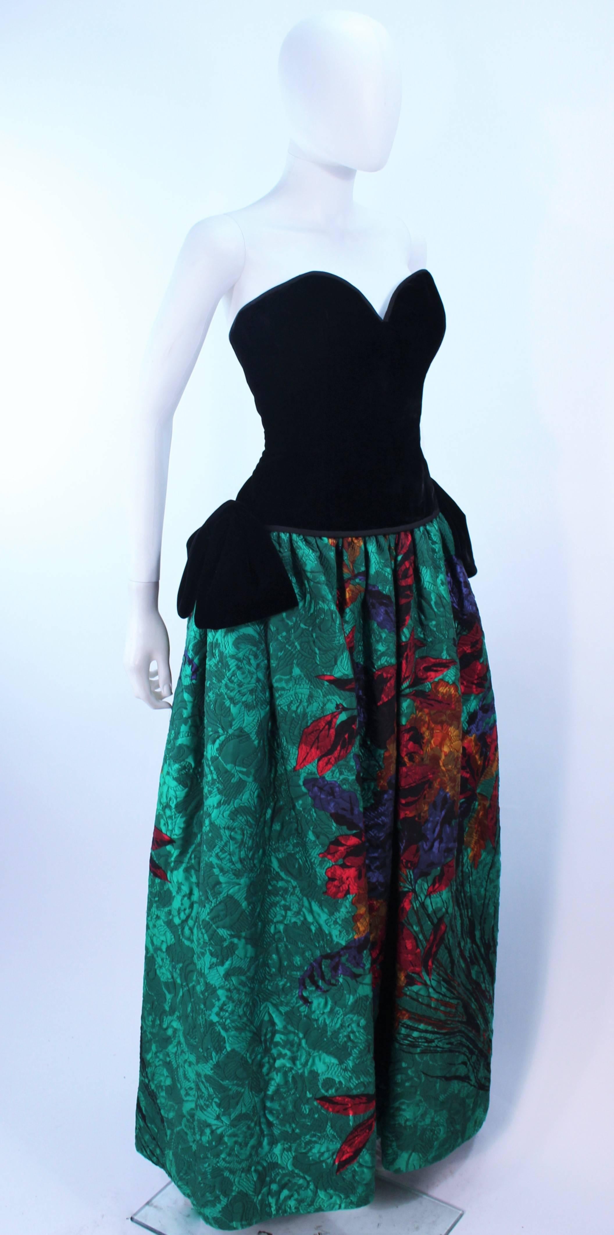ODICINI COUTURE Black Velvet and Green Floral Gown Size 4 For Sale 3