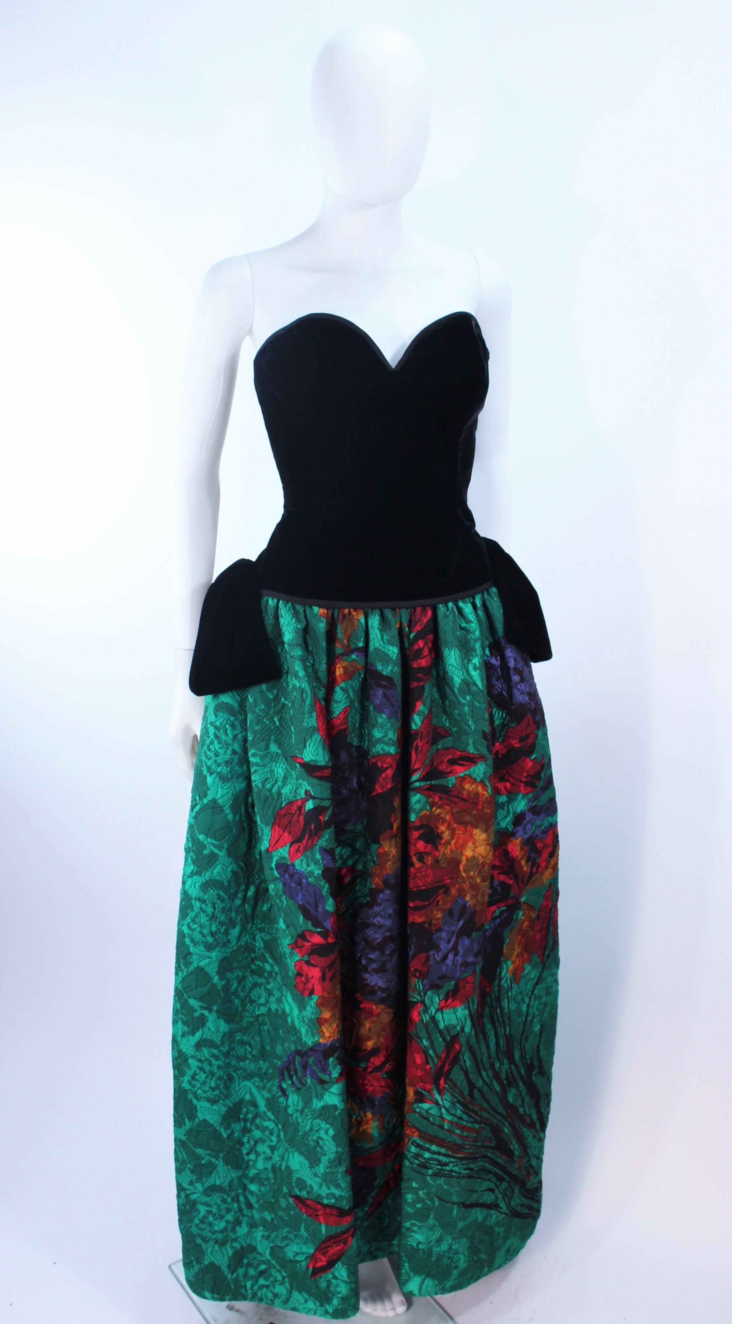 ODICINI COUTURE Black Velvet and Green Floral Gown Size 4 For Sale 2