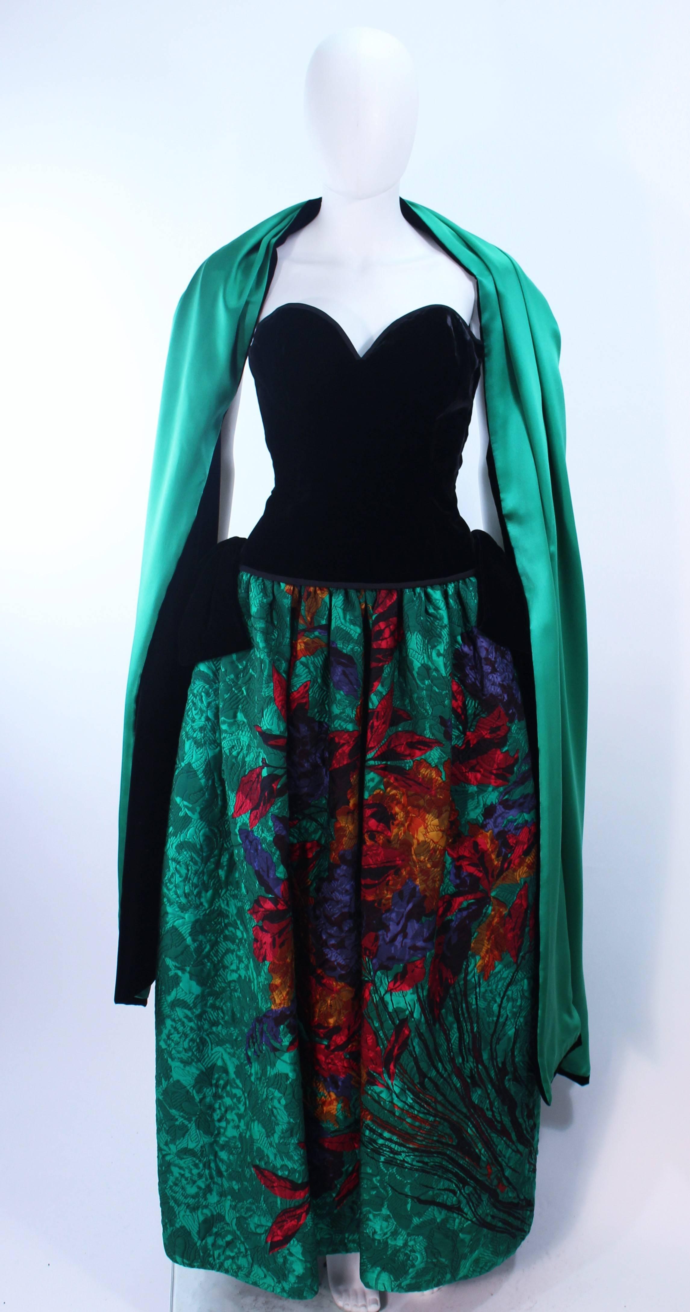 ODICINI COUTURE Black Velvet and Green Floral Gown Size 4 For Sale 1