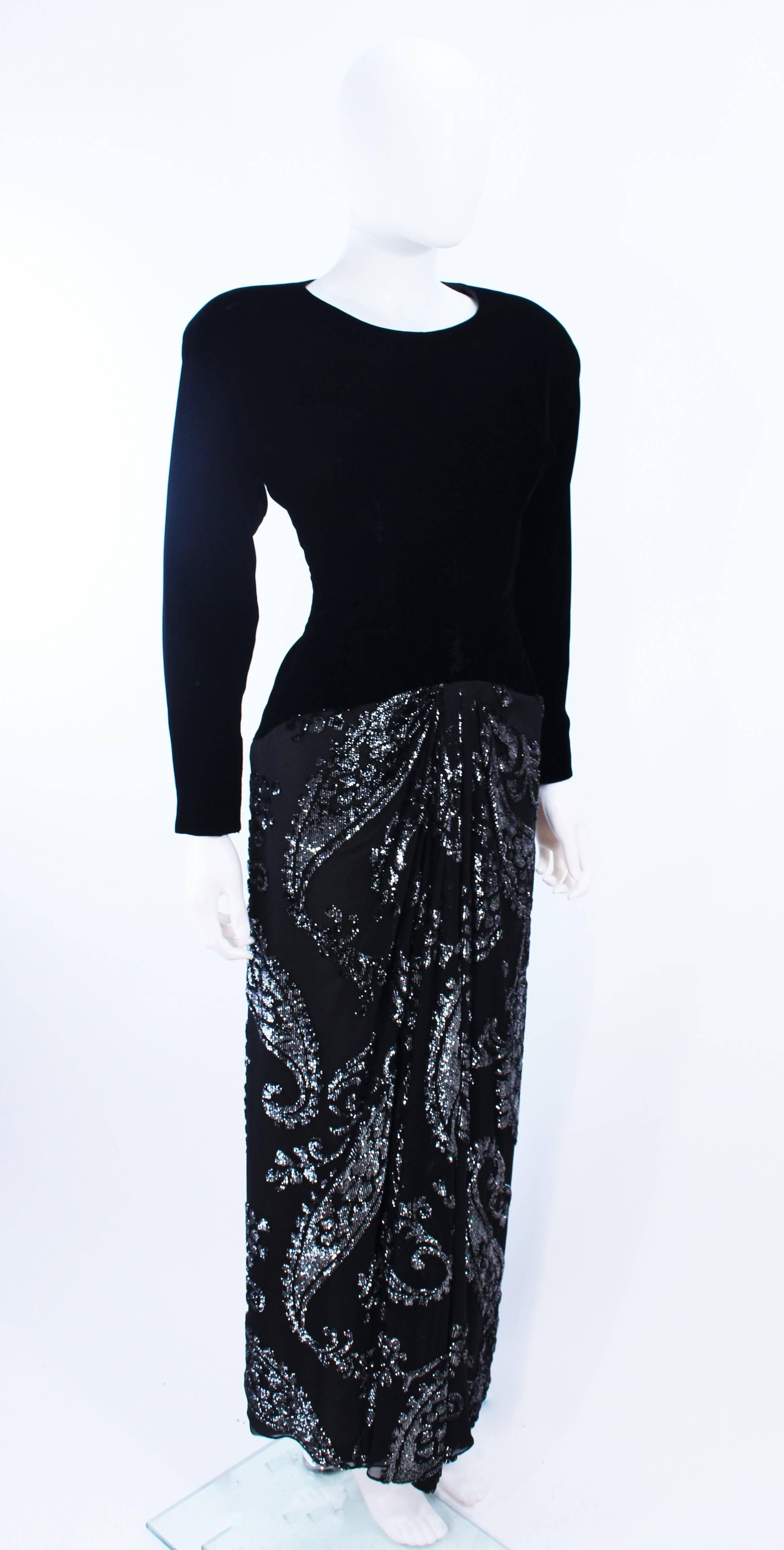 FRANK TIGNINO Velvet and Silk Lame Black & Silver Gown Size 6 In Excellent Condition For Sale In Los Angeles, CA