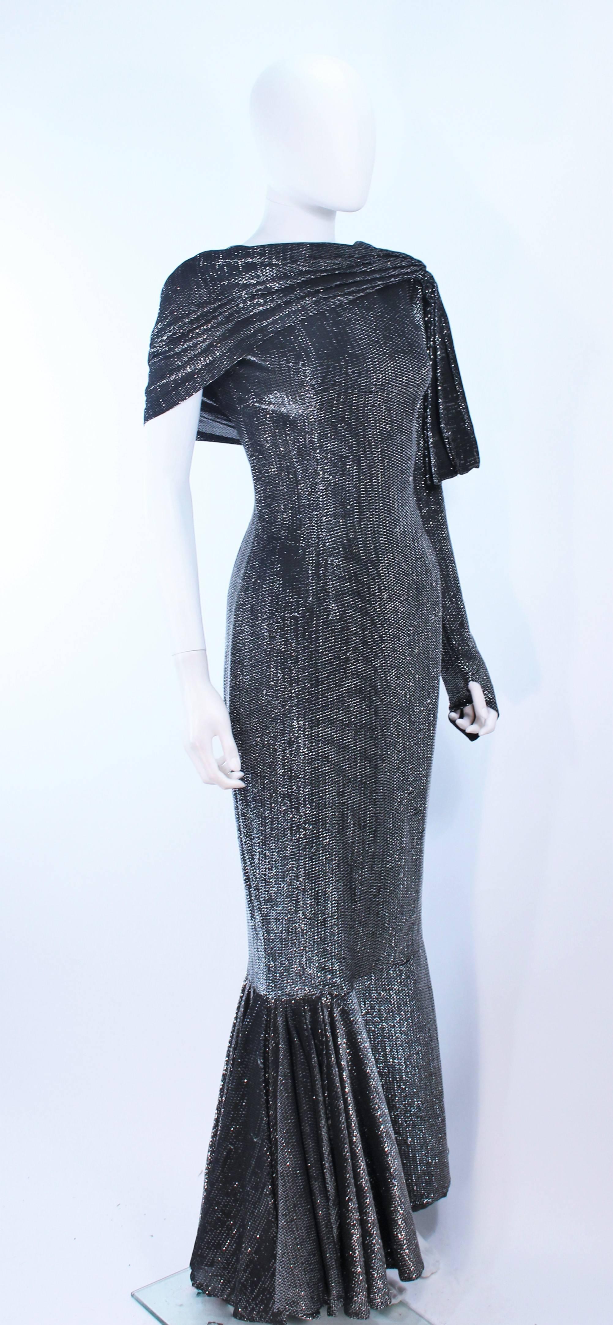 Women's Vintage Black & Silver Metallic Draped Asymmetrical Gown Size 2 For Sale