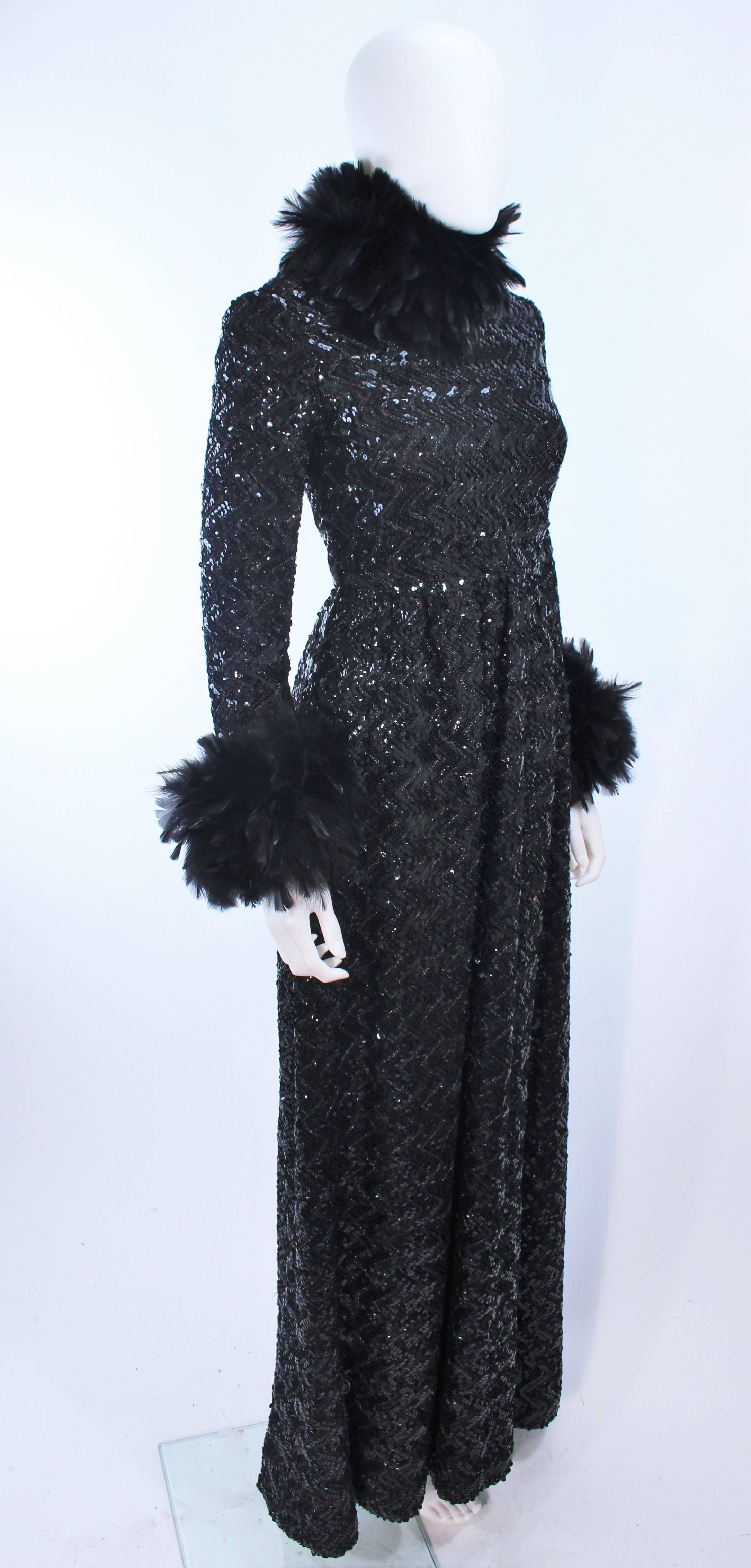 AMELIA GRAY Black Sequin Gown with Feather Trim Size 2 4 In Excellent Condition For Sale In Los Angeles, CA