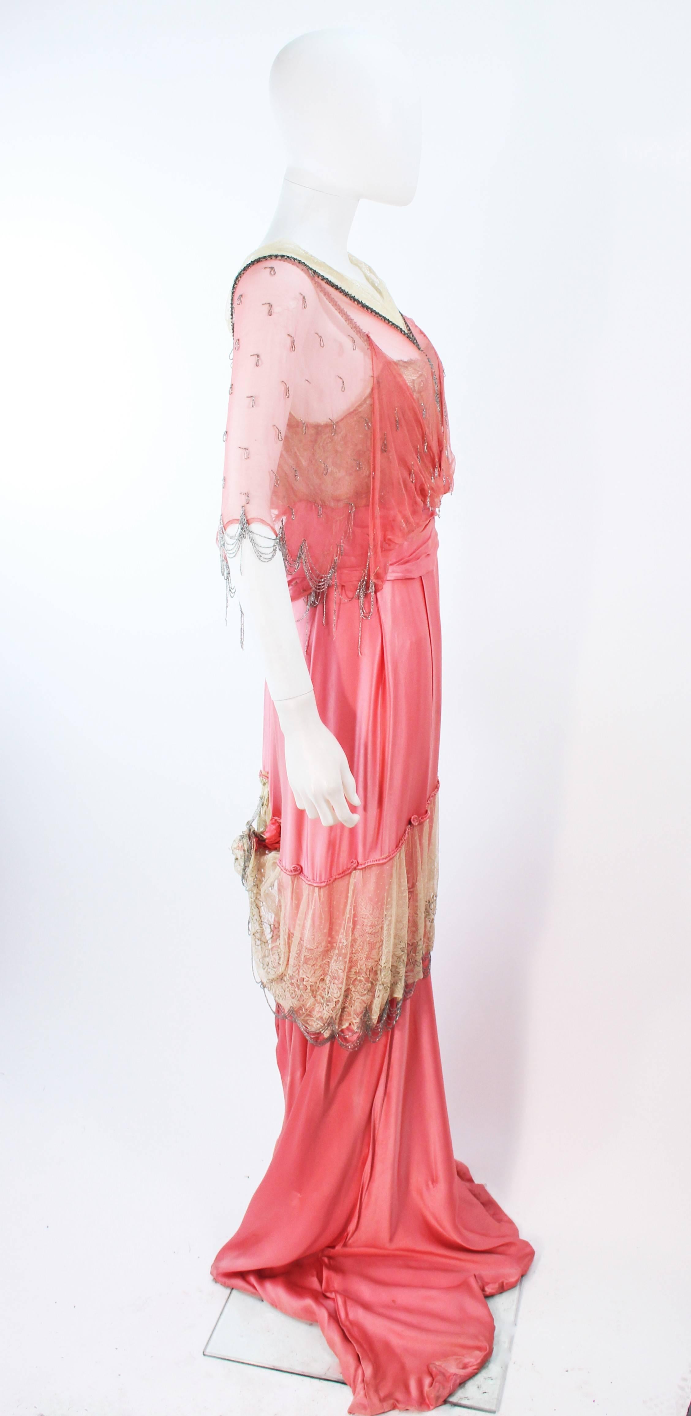 VINTAGE VICTORIAN Pink Silk Gown with Silver Hand Beaded Applique Size 2 4 4