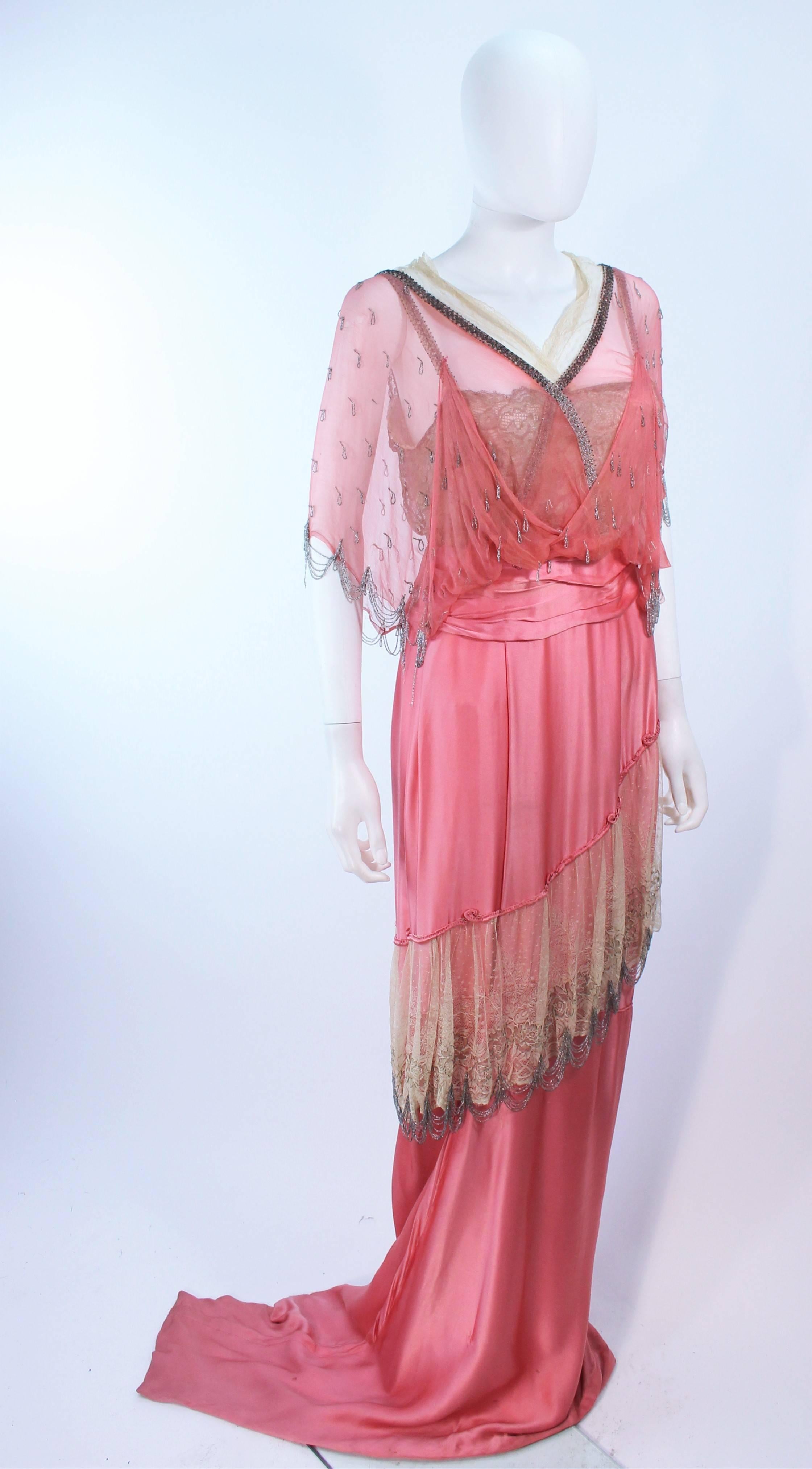 VINTAGE VICTORIAN Pink Silk Gown with Silver Hand Beaded Applique Size 2 4 1